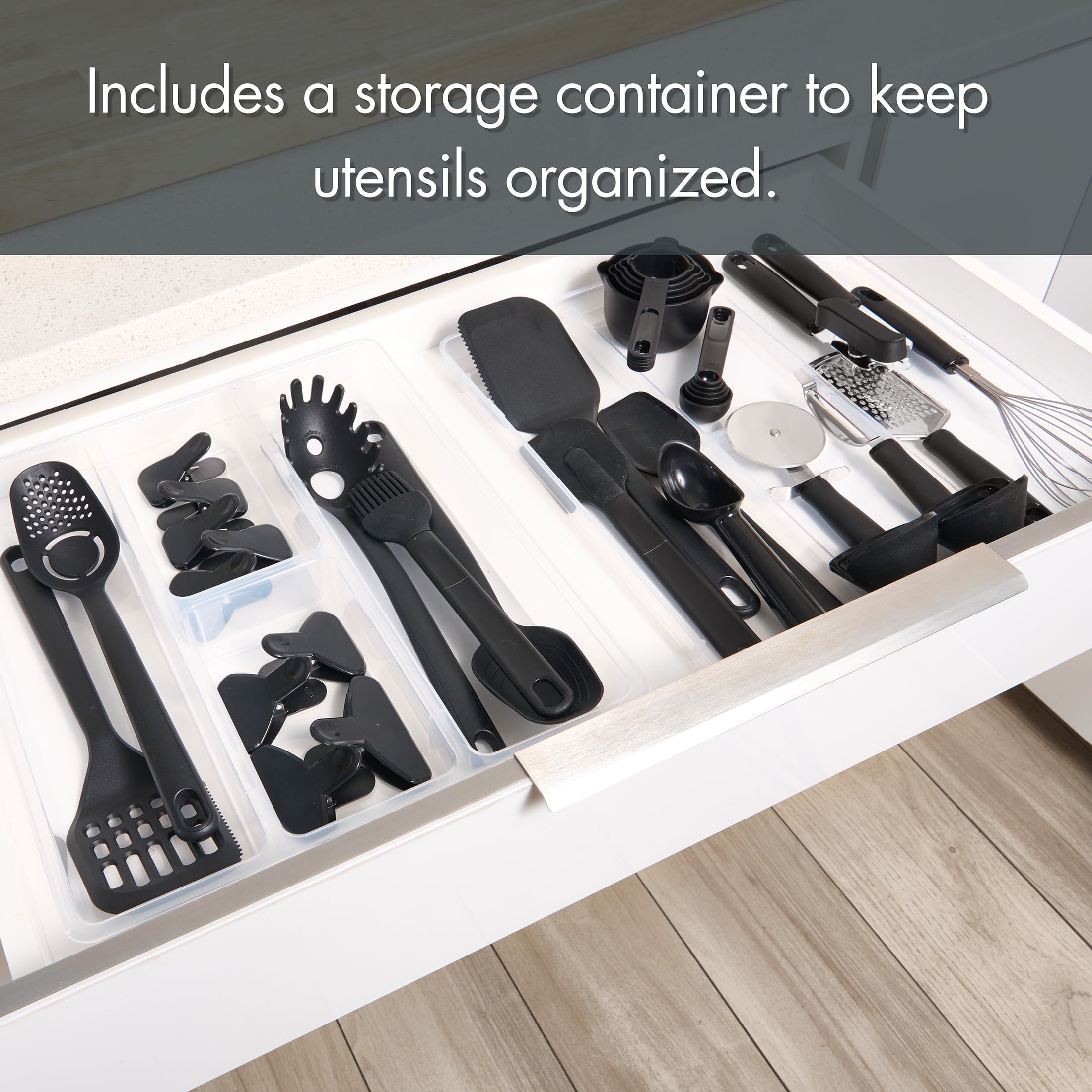 Non-Stick Safe 36 Piece Kitchen Gadget Set with Kitchen Cooking Utensils, and Drawer Organizer, Black - Premium Stainless Steel Cooking Utensil for Non-Stick Pots Detail