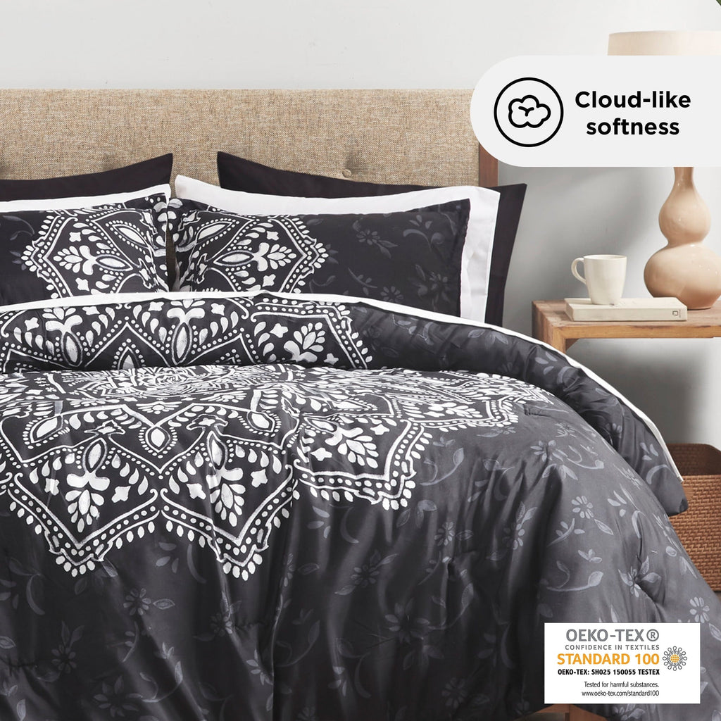 Fluffy Down Alternative Queen Comforter Set, Bedding Comforter Set Queen Size W/ Side Pockets, Black, 9 Pieces - Hypoallergenic Ultra-Fluffy Quilt for Winter Detail