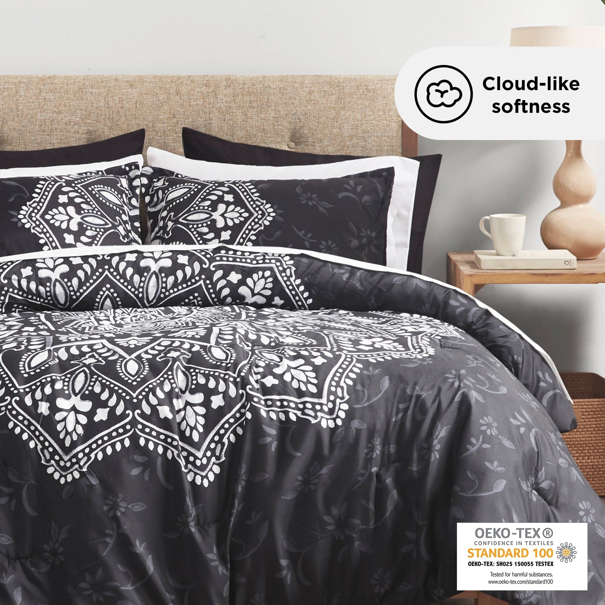 Fluffy Down Alternative Queen Comforter Set, Bedding Comforter Set Queen Size W/ Side Pockets, Black, 9 Pieces - Hypoallergenic Ultra-Fluffy Quilt for Winter Detail