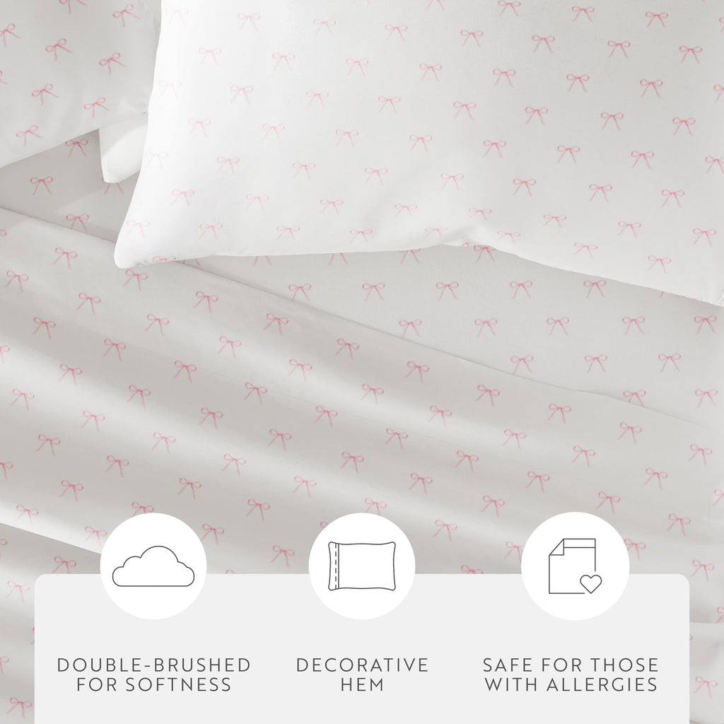 Premium Egyptian Cotton 3 Piece Ditsy Pattern Microfiber Bed Sheets, Pink Bows, Twin-XL - Cooling Hotel Quality Bedding Sheets and Pillowcases Detail