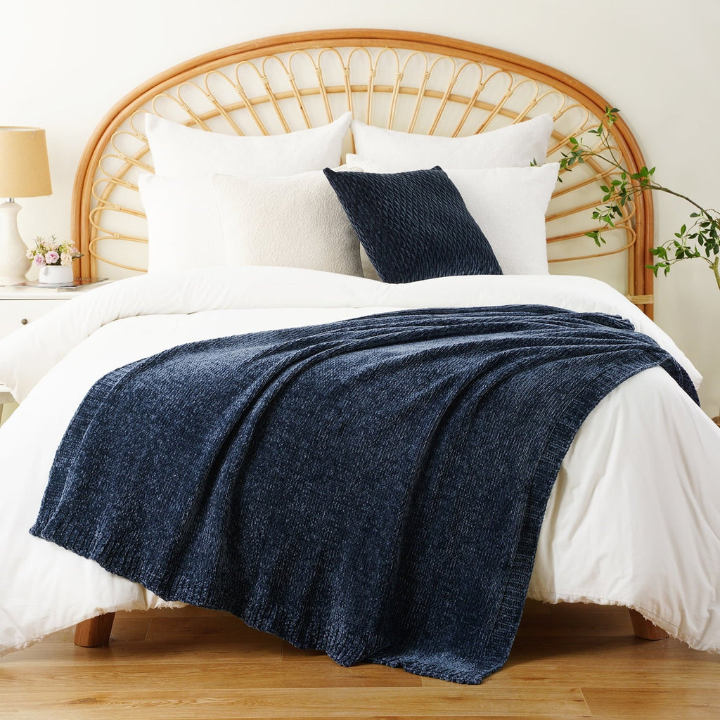 Reversible Sherpa Navy Blue Chenille Throw for Couch Bed,Soft Navy Knit Blanket, Housewarming Gifts, 51"x 67" - Luxury Knitted Decorative Throw Blanket with Fringes Detail