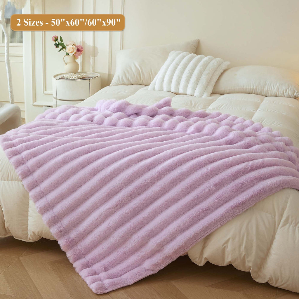 Cozy Fleece Fluffy Faux Rabbit Fur Throw, Cozy Wide Stripe Plush Fuzzy Blanket for Bed Couch Sofa Chair, Light Purple Shaggy Thro... - Cozy Fleece Throw Blanket for Couch & Bed Detail