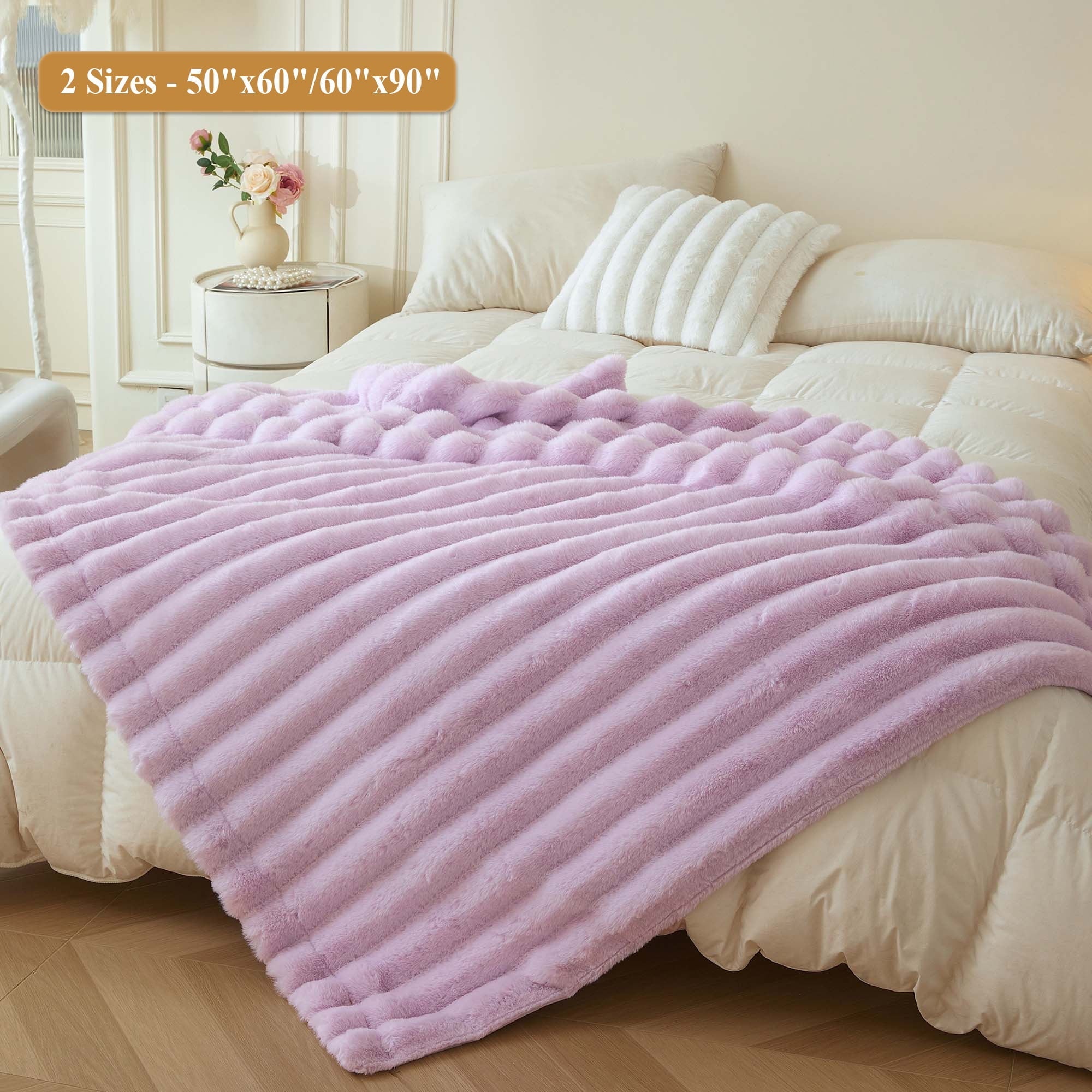 Cozy Fleece Fluffy Faux Rabbit Fur Throw, Cozy Wide Stripe Plush Fuzzy Blanket for Bed Couch Sofa Chair, Light Purple Shaggy Thro... - Cozy Fleece Throw Blanket for Couch & Bed Detail