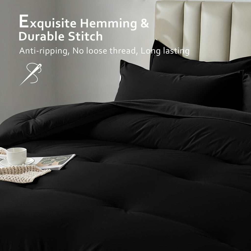 Luxurious Quilted 5-Piece Bed in Bag - Twin Size Comforter Sets, Pillowcases & Sheet Collection for Cozy Bedding Sets Black - Luxurious Quilted Duvet Cover Set Detail