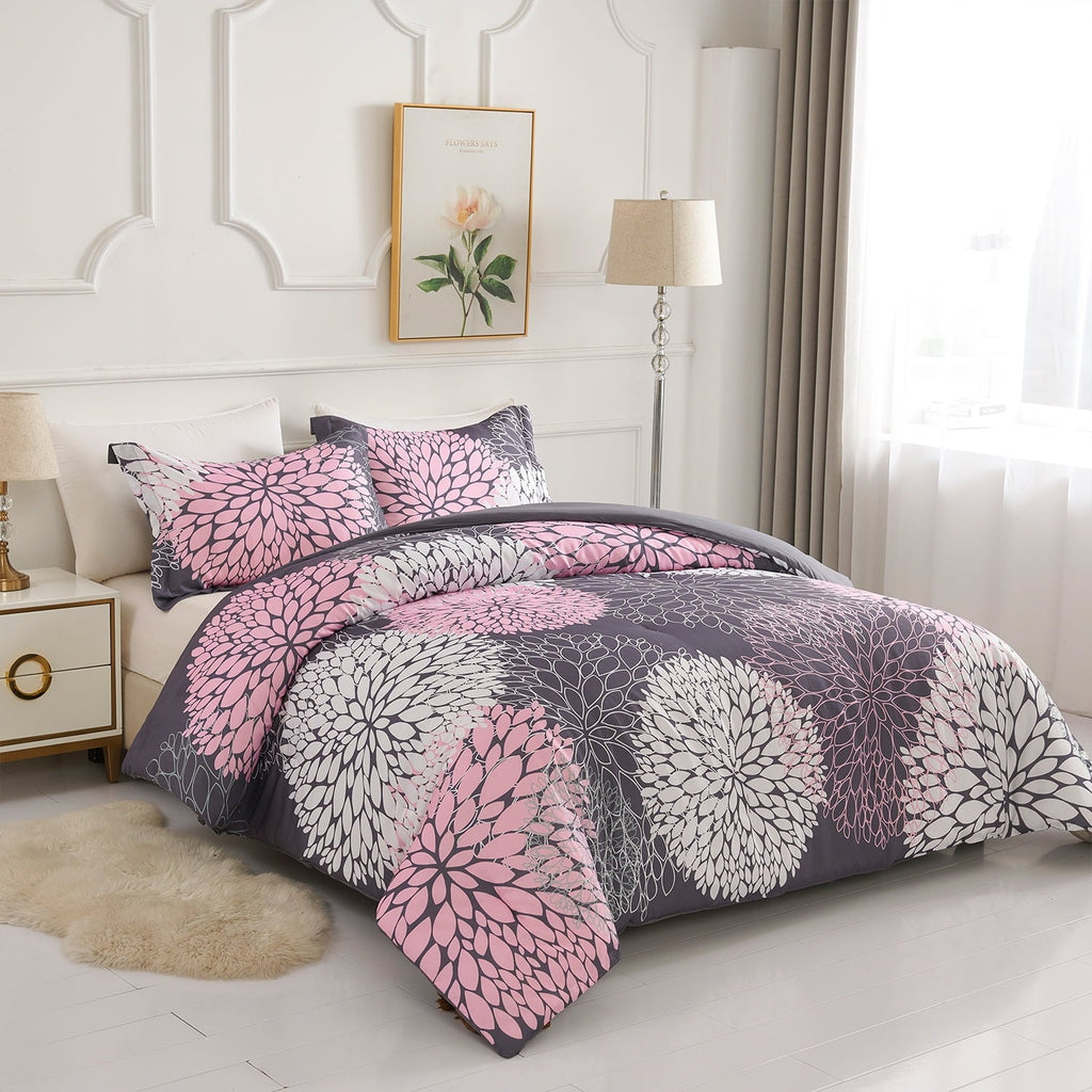 Luxurious Quilted 2 Pieces Pink Floral Comforter Set Twin Size, Botanical Bedding Sets with Cute Flowers Printing for Teen Girls - All-Season Down Alternative Comforter Insert Detail
