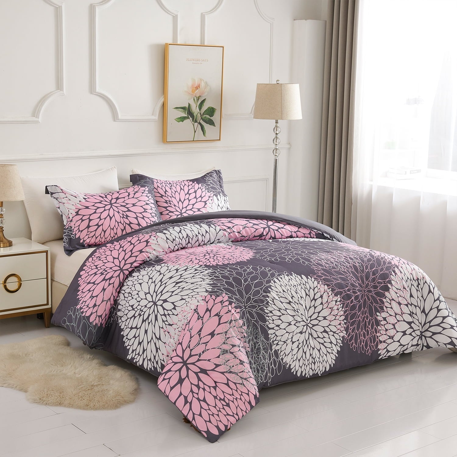 Luxurious Quilted 2 Pieces Pink Floral Comforter Set Twin Size, Botanical Bedding Sets with Cute Flowers Printing for Teen Girls - All-Season Down Alternative Comforter Insert Detail