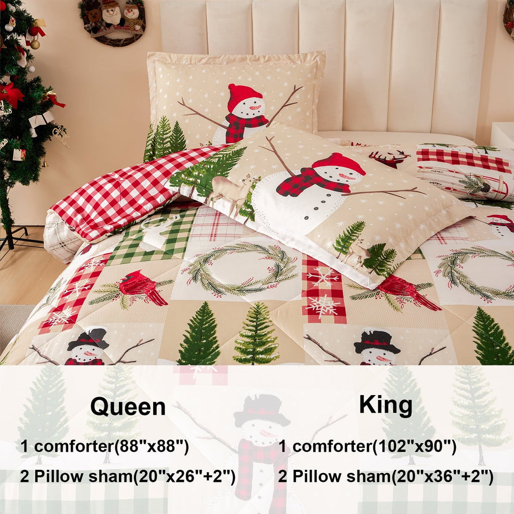 Fluffy Down Alternative 3 Pcs Christmas Comforter Set, Bed in a Bag Wreath Snowman Queen/Full Size Xmas Bedding Set Fitted Pillowcases for Adult - Cloud-Like Soft Lightweight Bed Comforter Detail
