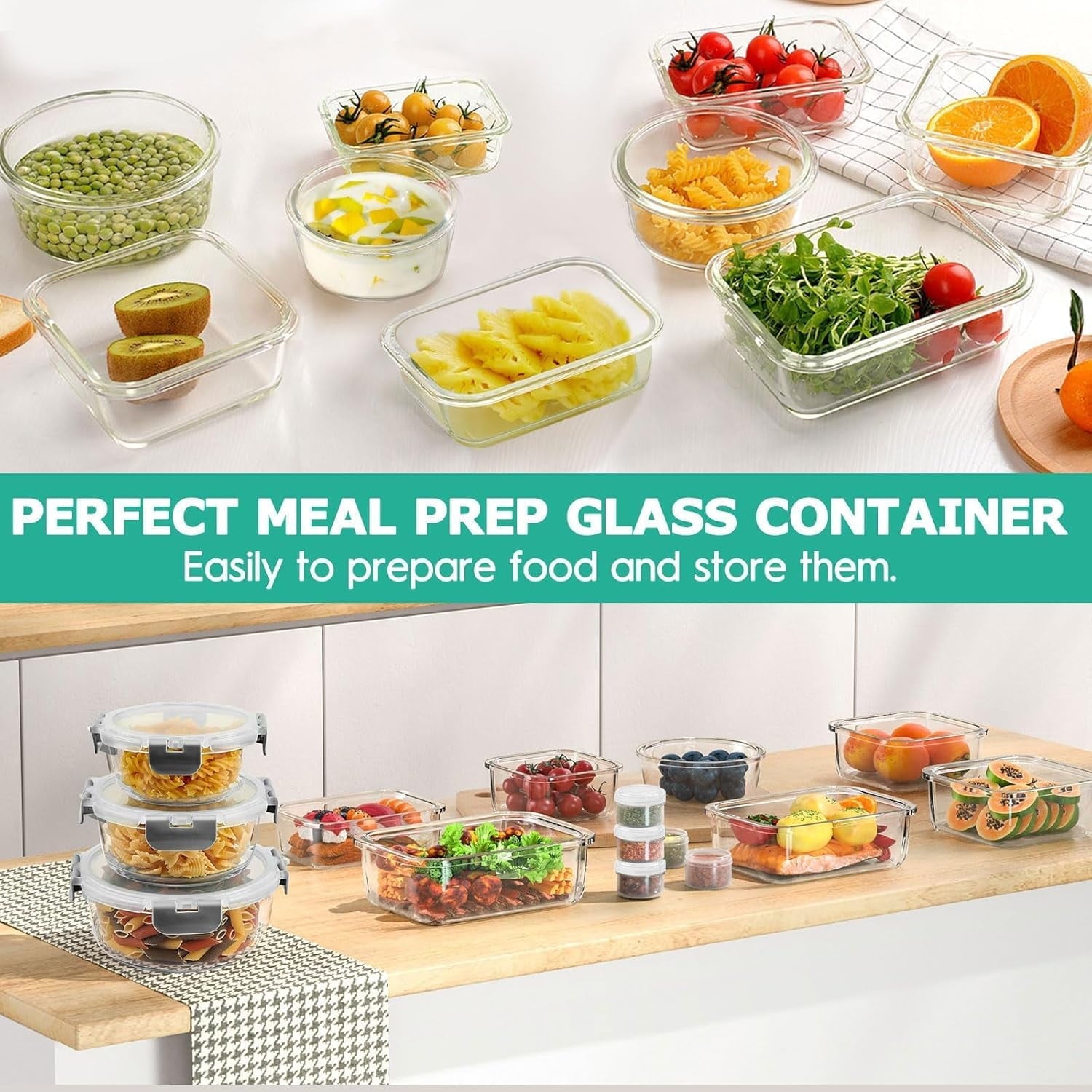 Playful Geometric 34pcs Glass Food Storage Containers with Lids Set, Airtight Meal Prep Containers (17 Containers & 17 Lids), Grey - Playful Star & Heart Shaped Geometric NeeDoh Detail