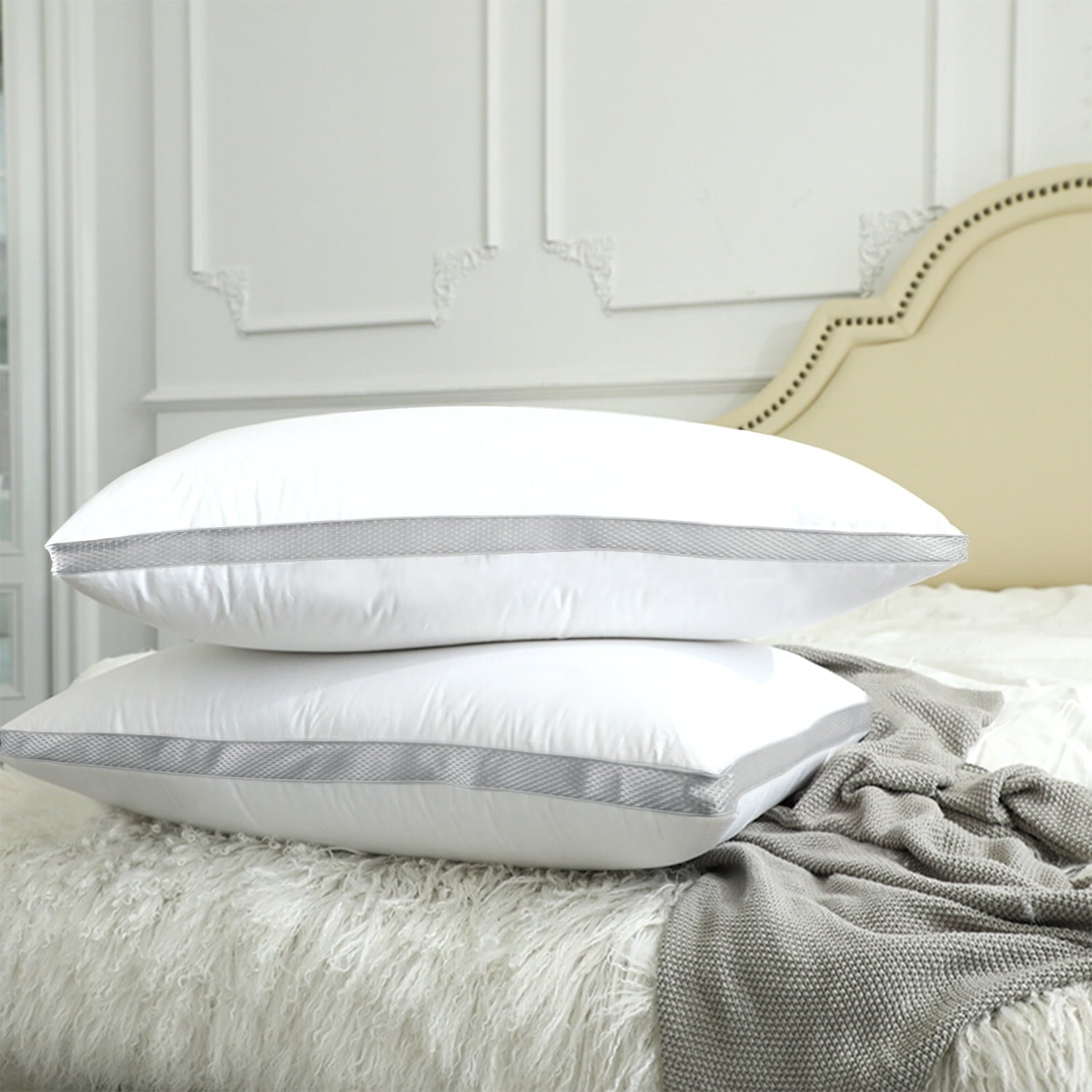 Hotel Collection Down Alternative Bed Pillow with Cotton Cover and Gusset, 2 Pack, Queen, 20"x26" - Hotel Quality Plush Sleeping Pillows Detail