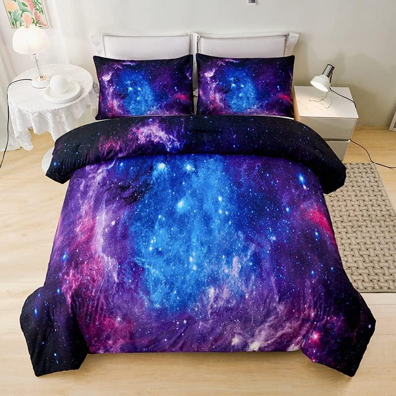 All-Season Galaxy Comforter Set Outer Space Purple Starry Sky Night Pattern Bedding Set for Girls Boys Kids Teens Twin Size with... - Cloud-Like Soft Lightweight Bed Comforter Detail