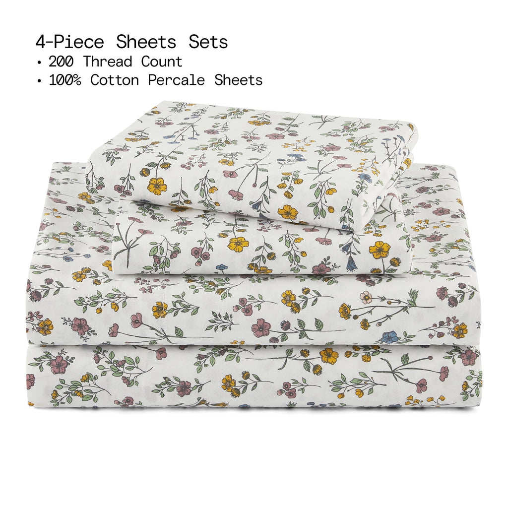 Cooling Sateen Botanical 4-Piece 100% Cotton Washed Percale White Sheet Set, Queen - Breathable Egyptian Cotton Flat & Fitted Sheets Detail