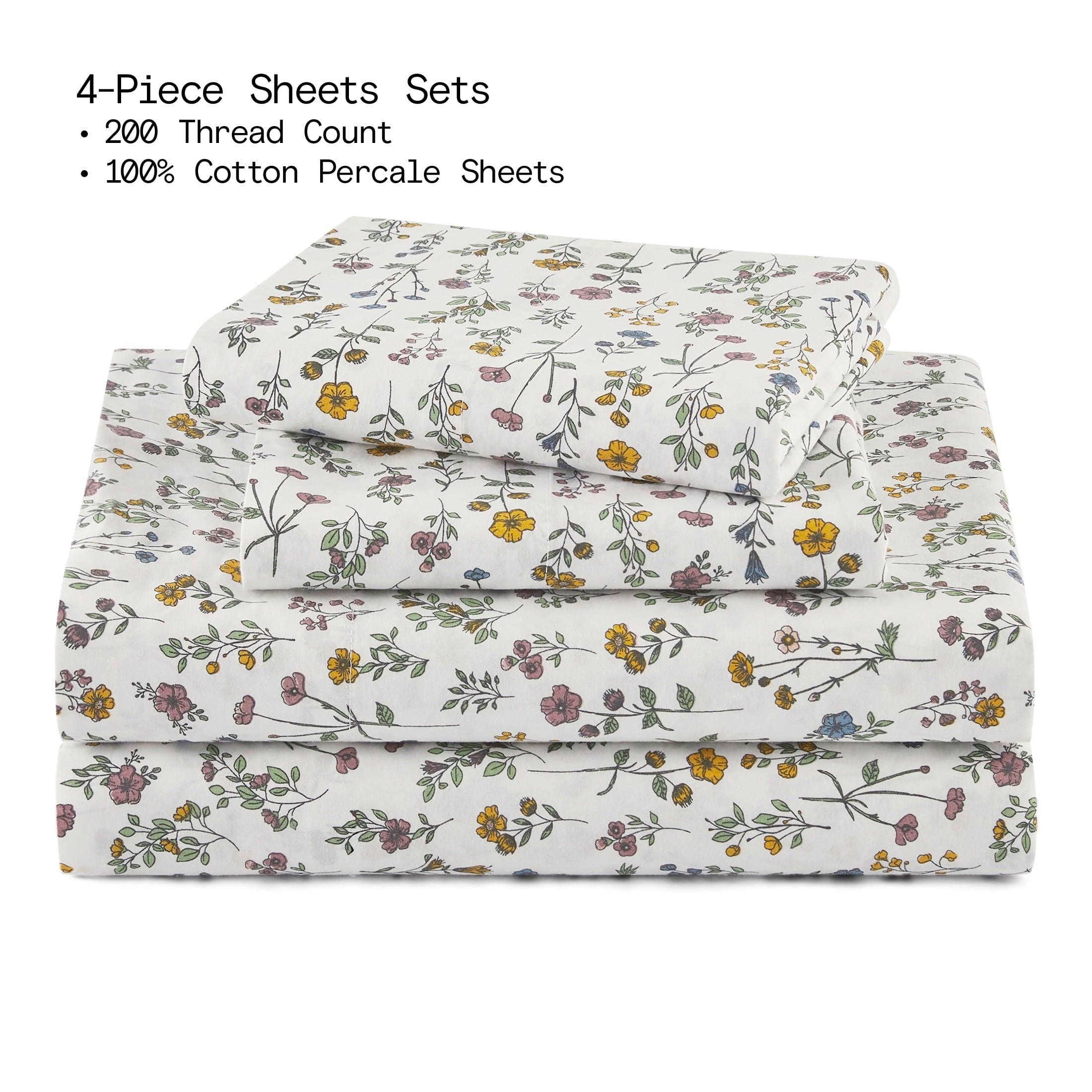 Cooling Sateen Botanical 4-Piece 100% Cotton Washed Percale White Sheet Set, Queen - Breathable Egyptian Cotton Flat & Fitted Sheets Detail