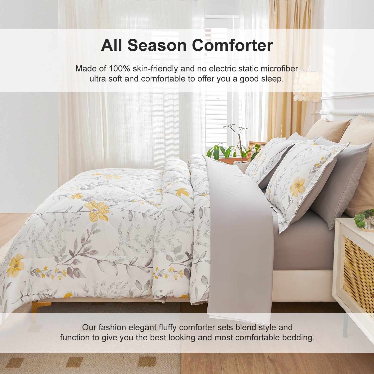 Hypoallergenic Cloud 3 Piece Comforter Set Queen Yellow Floral Quilt Microfiber Patchwork Bedspread - Luxurious Quilted Duvet Cover Set Detail