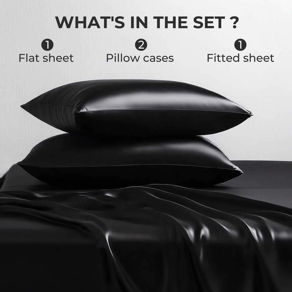 Breathable Luxury Queen Silk Black Bed Sheet Set,4 Pieces 1800 Microfiber 2 Pillowcase 20"x30" - Premium Ultra-Soft Pillowcase Pair for Sleeping Detail