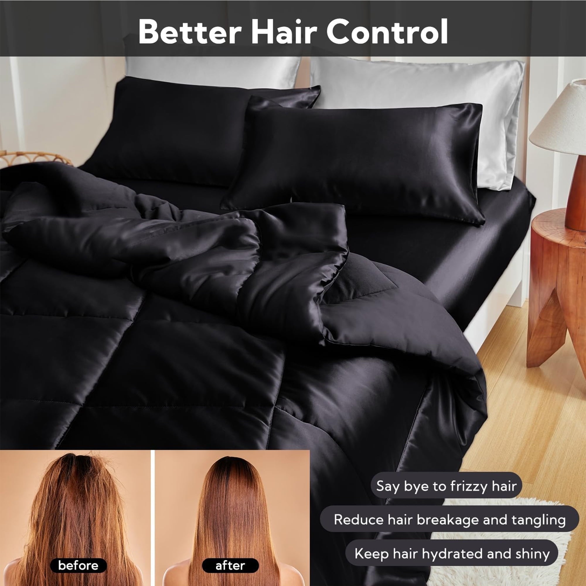 Fluffy Down Alternative Reversible Satin Microfiber Comforter 3 Pieces Queen Size, Black Queen Comforter Set for All Seasons, Silky Soft Sati... - Cloud-Like Soft Lightweight Bed Comforter Detail