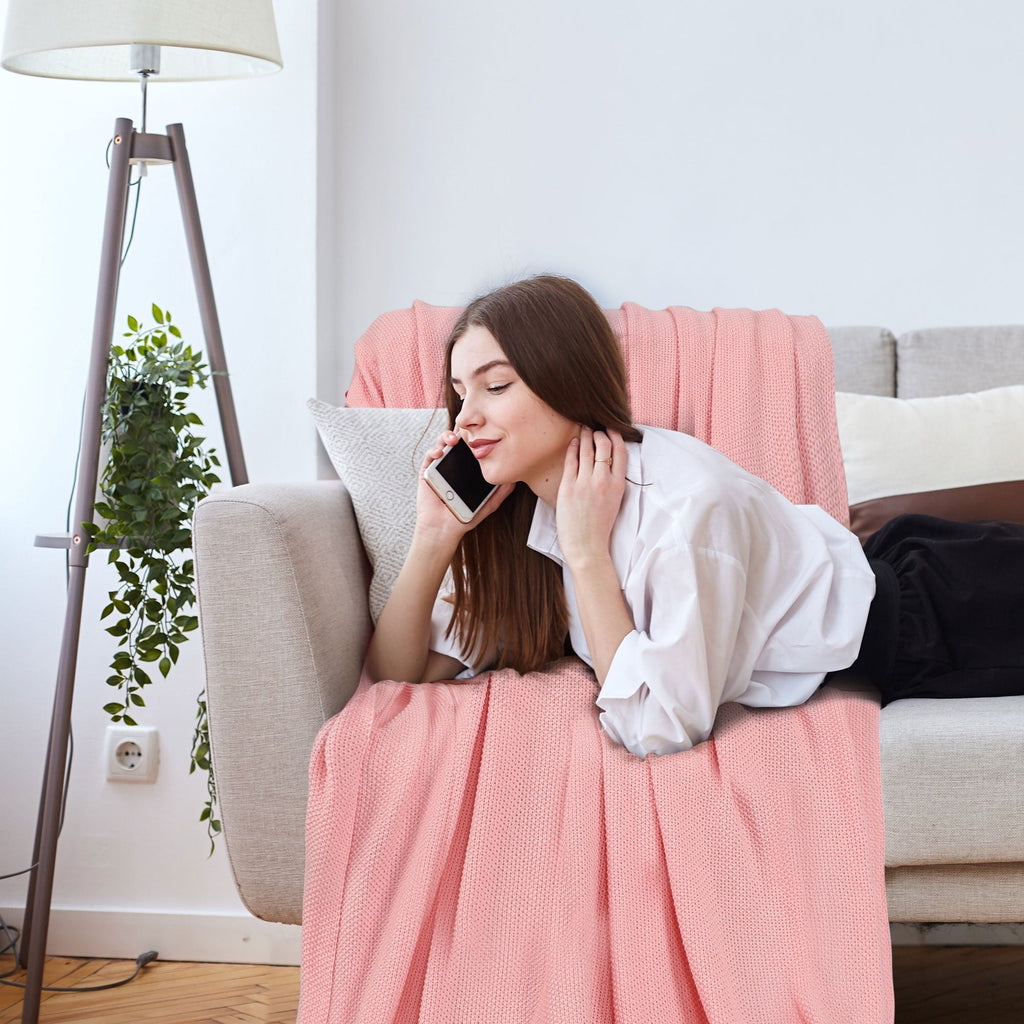 Super Soft Flannel Pure Cotton Soft Cable Knit Throw Blanket Pink 50" x 70" - Luxury Knitted Decorative Throw Blanket with Fringes Detail