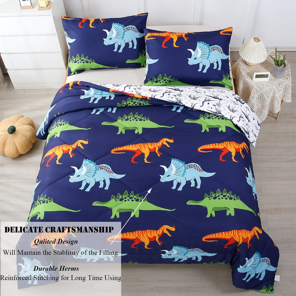 Fluffy Down Alternative 3 Pcs Dinosaur Twin Size Bedding Sets for Boys, Dinosaur Printing Boys Comforter Set, Blue and White Reversible Bed C... - Luxurious Quilted Duvet Cover Set Detail