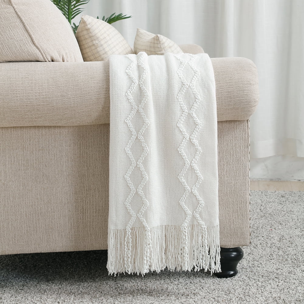 Lightweight Warm Fluffy Chenille Knitted Fringe Throw Blanket, Lightweight Soft Cozy Bed Sofa Chair Blanket, White, 50" x 60" - Cozy Fleece Throw Blanket for Couch & Bed Detail