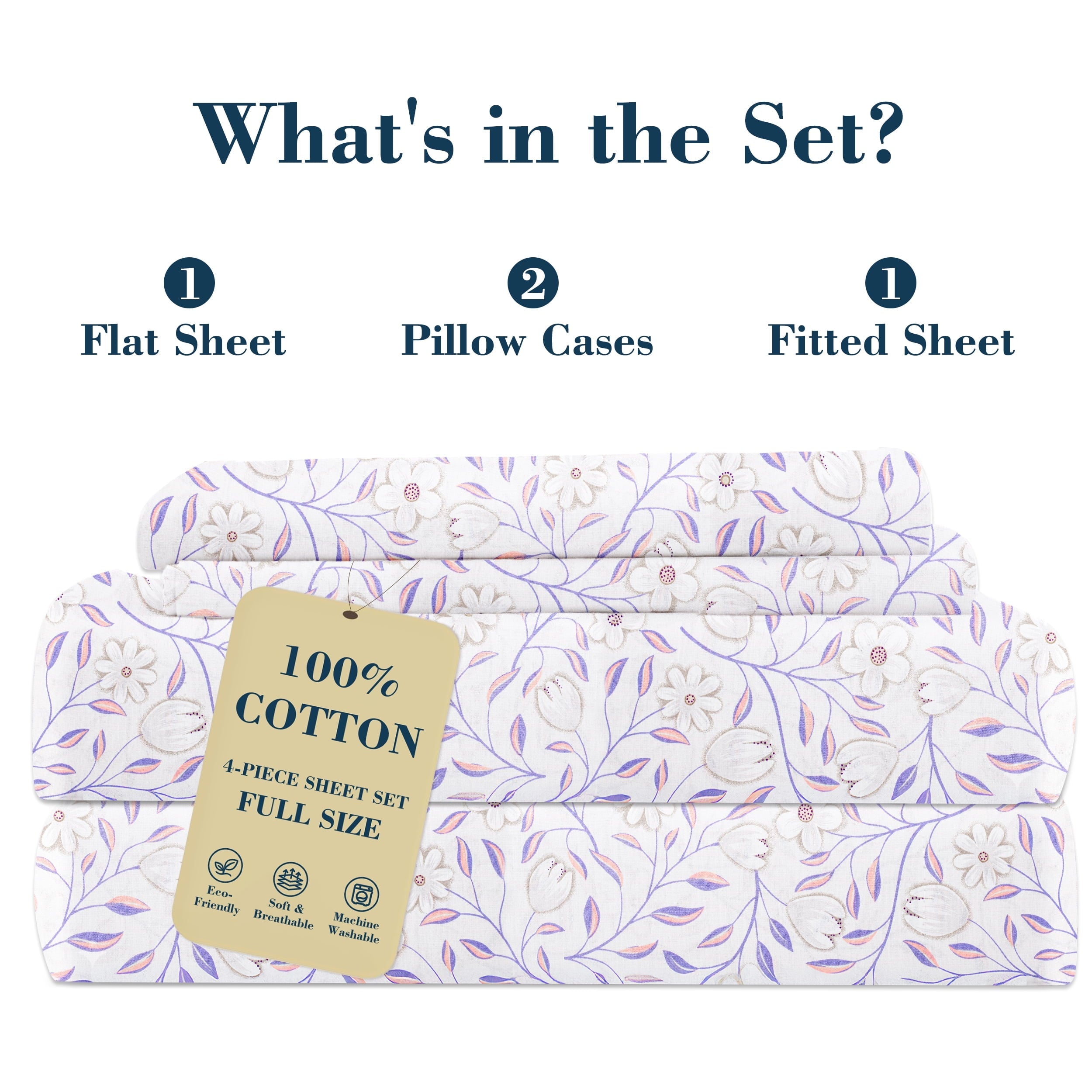 Premium Egyptian Cotton 100% Cotton Full Size Sheets,4 Piece Pure Percale Bed Sheets Set Deep Pocket Fits Mattress Upto 15",floral vine pattern - Breathable Egyptian Cotton Flat & Fitted Sheets Detail