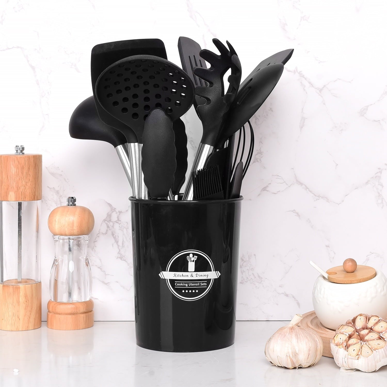 Ergonomic Cooking Silicone Cooking Utensils Set, 26 Pcs, Heat Resistant Kitchen Utensils Set, Black - Ergonomic Kitchen Tongs and Cooking Spoon Utensil Detail