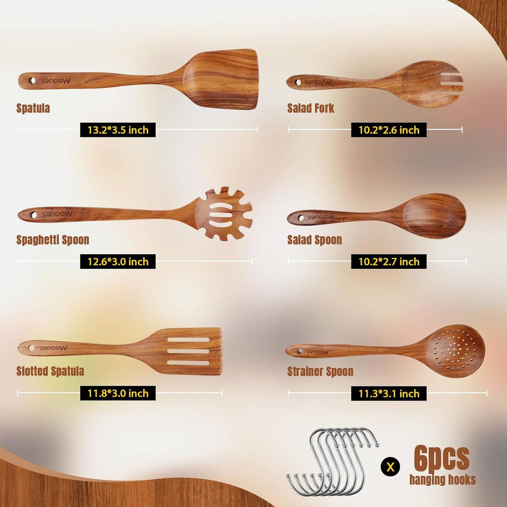 Heat-Resistant 6-Piece Natural Teak Wooden Spoons for Cooking With 10 Hooks，Handcrafted Kitchen Utensils Set ，Ideal Gift Set - Premium Stainless Steel Cooking Utensil for Non-Stick Pots Detail