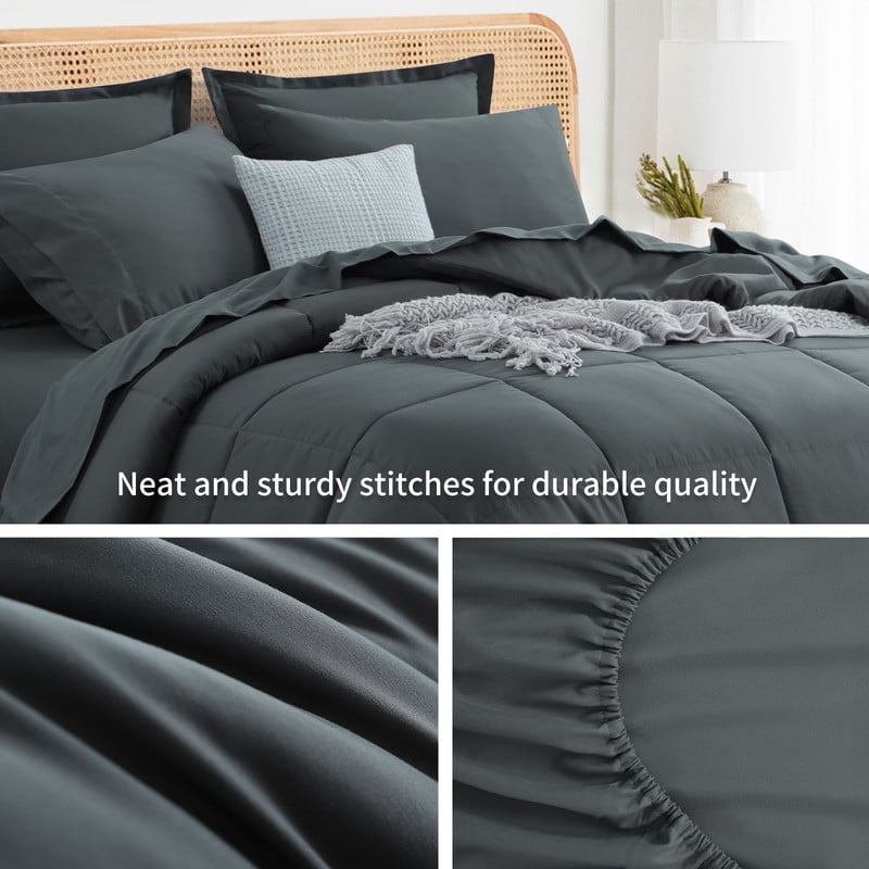 Fluffy Down Alternative 7 Pieces Comforter Set with Sheets - Bed in a Bag with Comforter and All Season Sheets, Pillowcases,Dark Gray,Queen - Luxurious Quilted Duvet Cover Set Detail