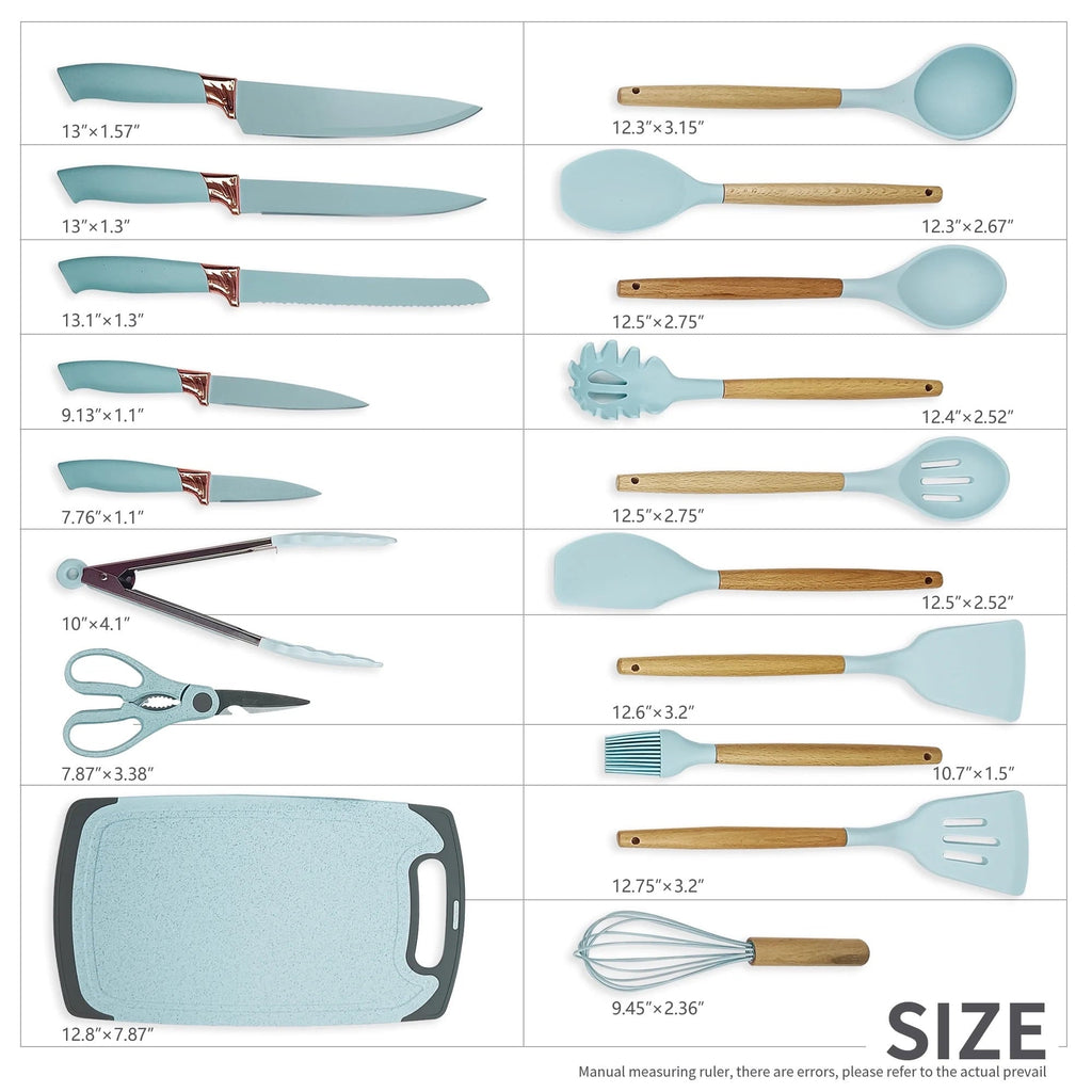 Non-Stick Safe Silicone Kitchen Cooking Utensils Set, 19 Pieces Utensil with Holder, Heat Resistant, Green - Ergonomic Kitchen Tongs and Cooking Spoon Utensil Detail