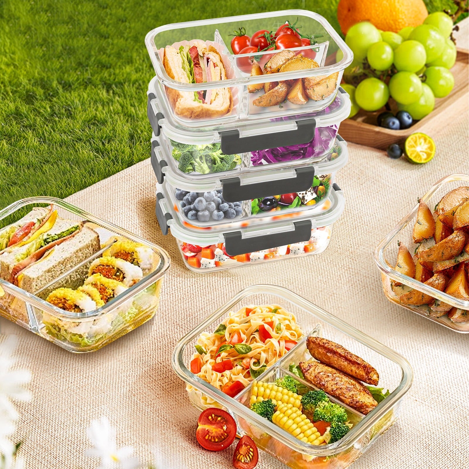 Playful Geometric 8 Pcs Glass Food Storage Containers with Lids, 2 & 3 Compartment Glass Airtight Meal Prep Containers (4 Containers & ... - Playful Star & Heart Shaped Geometric NeeDoh Detail