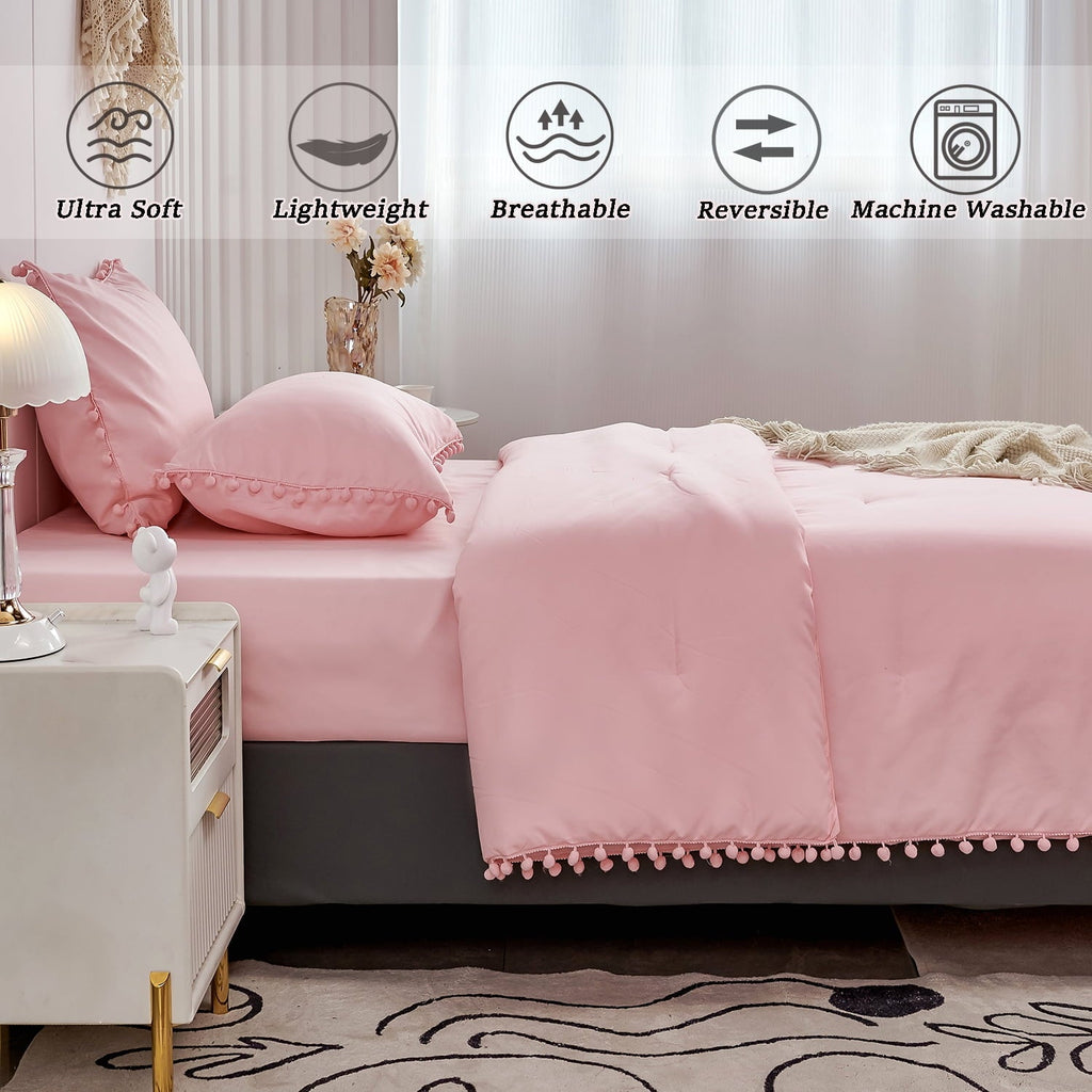 Fluffy Down Alternative Pink Full Size Comforter Set Pom Fringe 3 Pcs Boho Chic Cute Ball Pom Blush Bedding Set Cali Soft Lightweight Solid B... - Luxurious Quilted Duvet Cover Set Detail