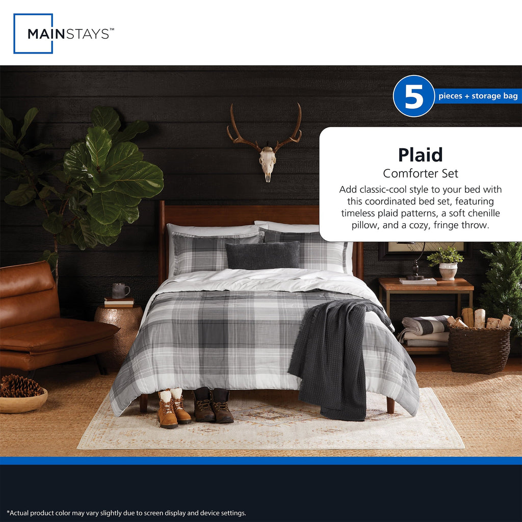 Luxurious Quilted Full/Queen Comforter Set, All-Season, 5-Piece, Grey Plaid - Luxurious Quilted Duvet Cover Set Detail
