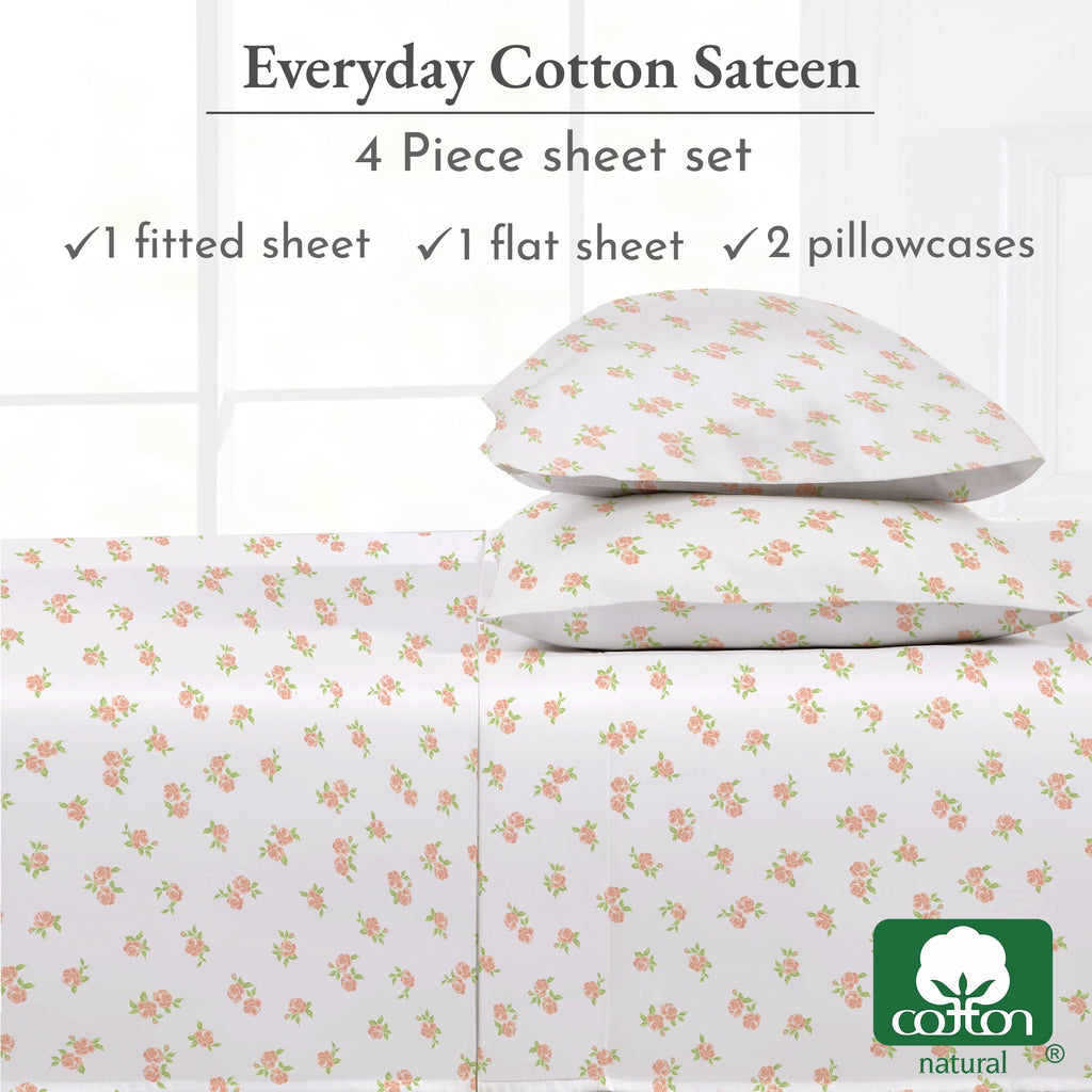 Ultra-Soft 4 Piece Printed Floral Bed Sheets Queen Size Set - 100% Cotton Sheets Queen, Soft Sateen Bedsheets, Deep Pocket Queen... - Cooling Hotel Quality Bedding Sheets and Pillowcases Detail