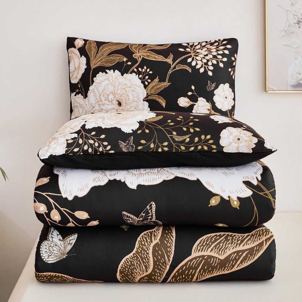 Luxurious Quilted Black Floral Comforter Set Queen, Printed Comforter White Flowers Butterfly Bedding Set, 3 Pieces Botanical Reversibl... - Hypoallergenic Ultra-Fluffy Quilt for Winter Detail