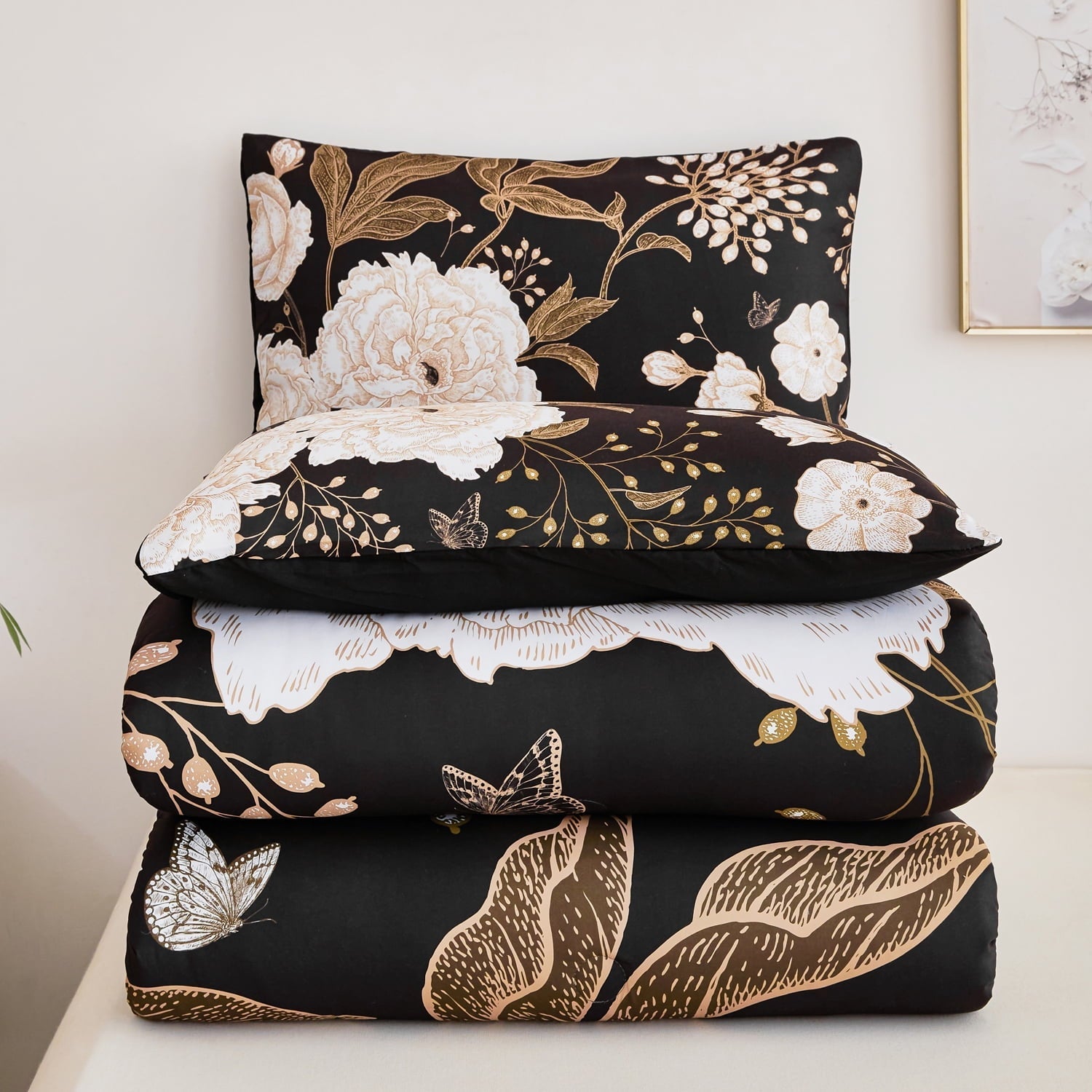 Luxurious Quilted Black Floral Comforter Set Queen, Printed Comforter White Flowers Butterfly Bedding Set, 3 Pieces Botanical Reversibl... - Hypoallergenic Ultra-Fluffy Quilt for Winter Detail