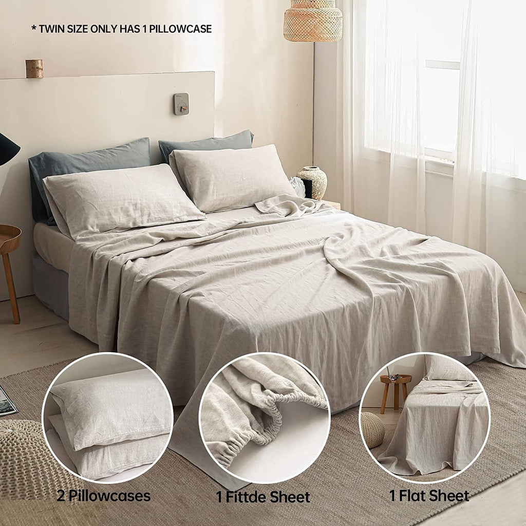 Cooling Sateen 100% Linen Sheet Set Solid Color-4 Pcs Washed French Linen Bed Sheets(1 Flat Sheet,1 Fitted Sheet,2 Pillowcases)-Brea... - Luxury Bed Sheet Set with Deep Pockets Detail