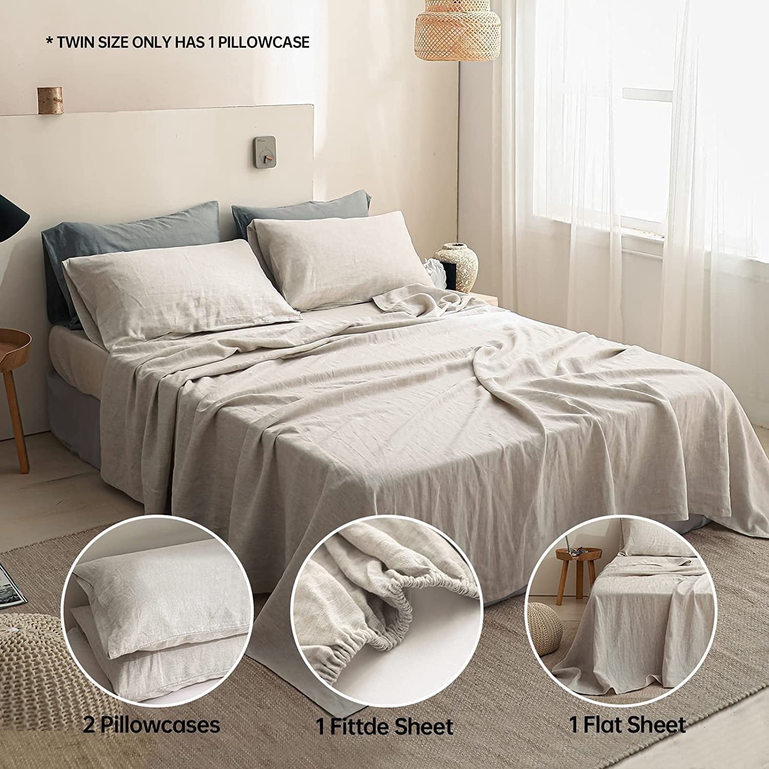 Cooling Sateen 100% Linen Sheet Set Solid Color-4 Pcs Washed French Linen Bed Sheets(1 Flat Sheet,1 Fitted Sheet,2 Pillowcases)-Brea... - Luxury Bed Sheet Set with Deep Pockets Detail