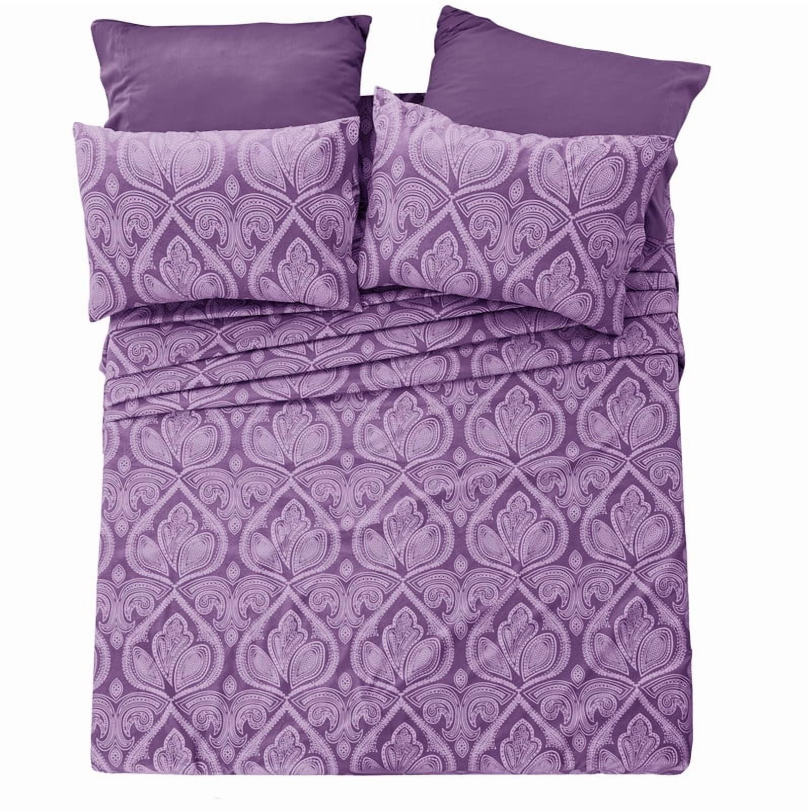 Wrinkle-Resistant Paisley Printed Queen Bed Sheets Set, Microfiber 6 Piece Bedding Set - Purple - Luxury Bed Sheet Set with Deep Pockets Detail