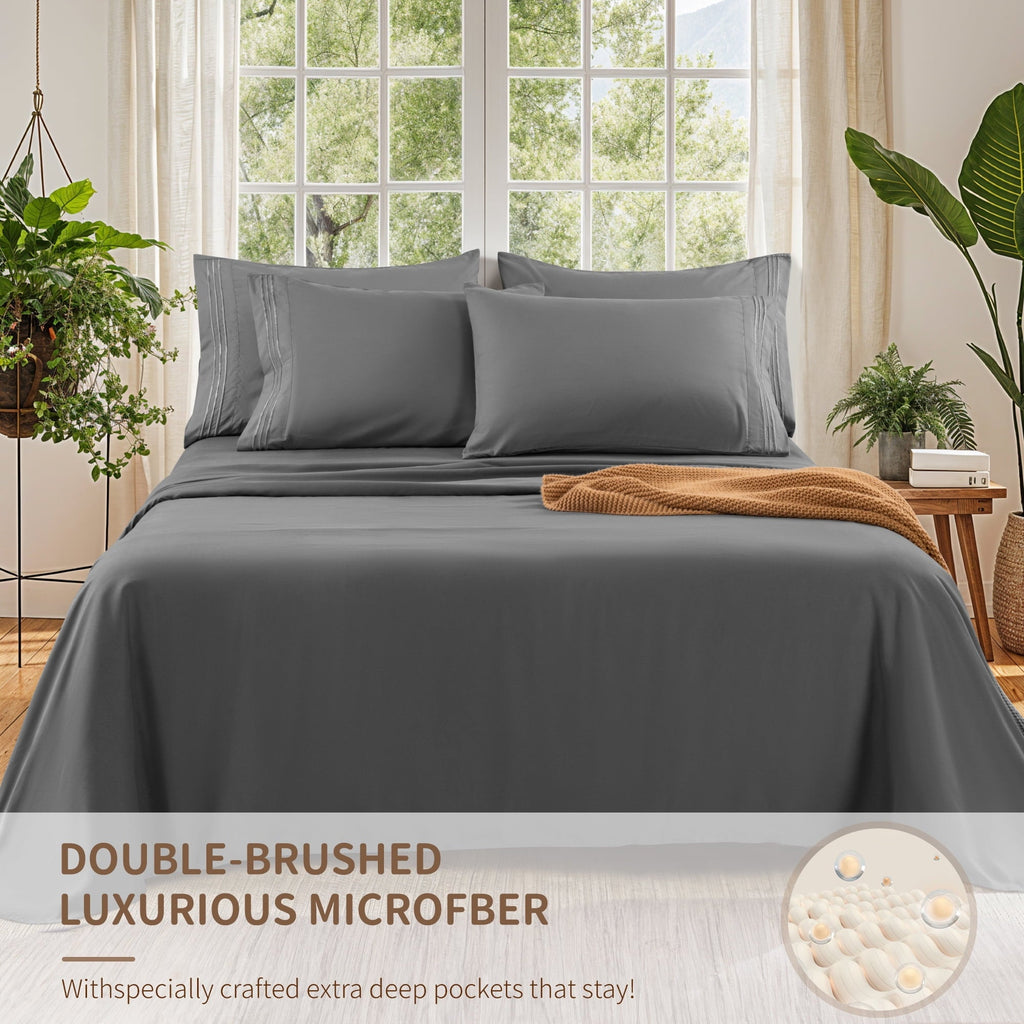 Cooling Sateen 6 Pieces Bed Sheet Set, 1800 Series Soft Microfiber Queen Sheets with 16" Deep Pocket, Dark Gray - Breathable Egyptian Cotton Flat & Fitted Sheets Detail