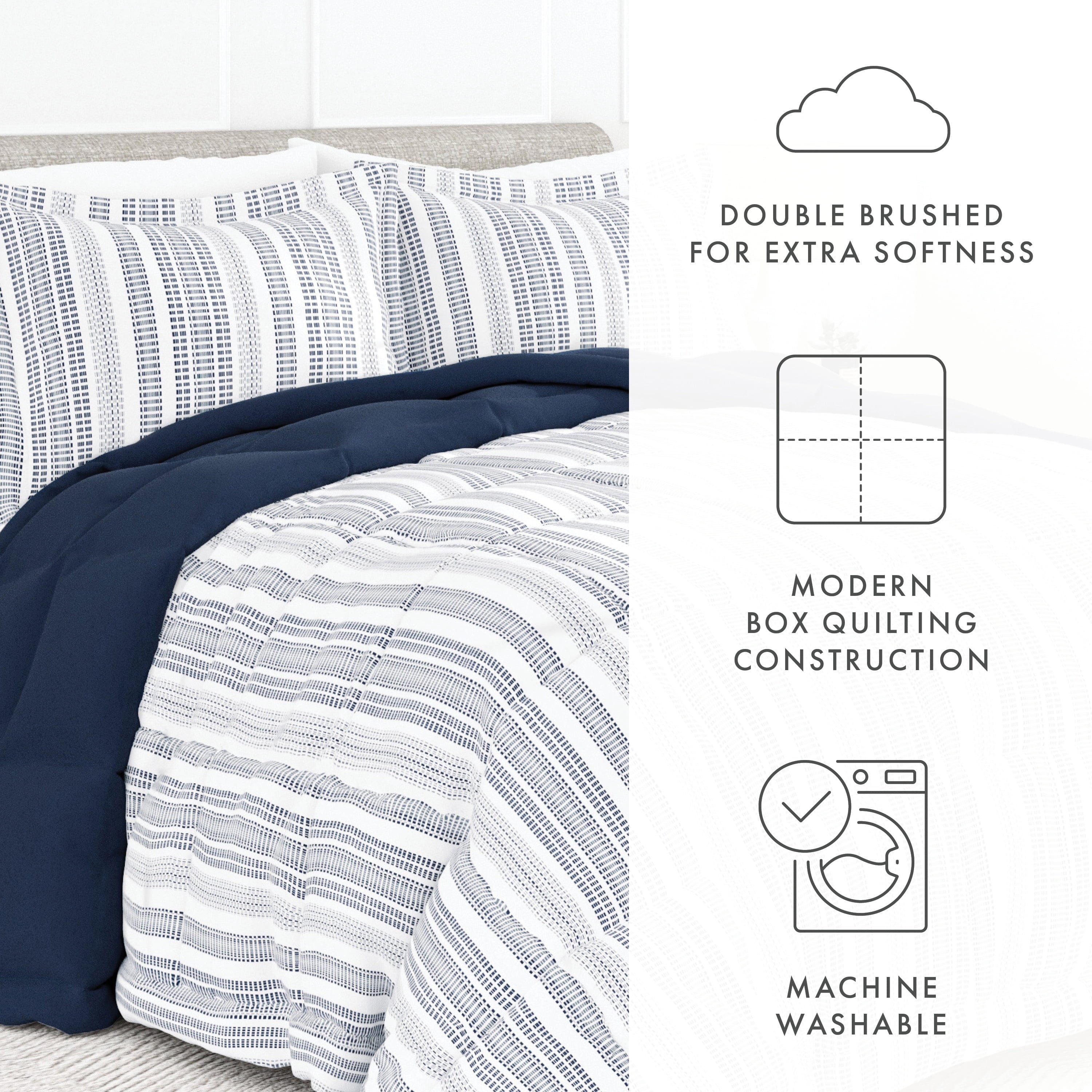 All-Season 2-Piece Navy Farmhouse Dreams ReversiblePrint Comforter Set, Twin/TwinXL - Luxurious Quilted Duvet Cover Set Detail