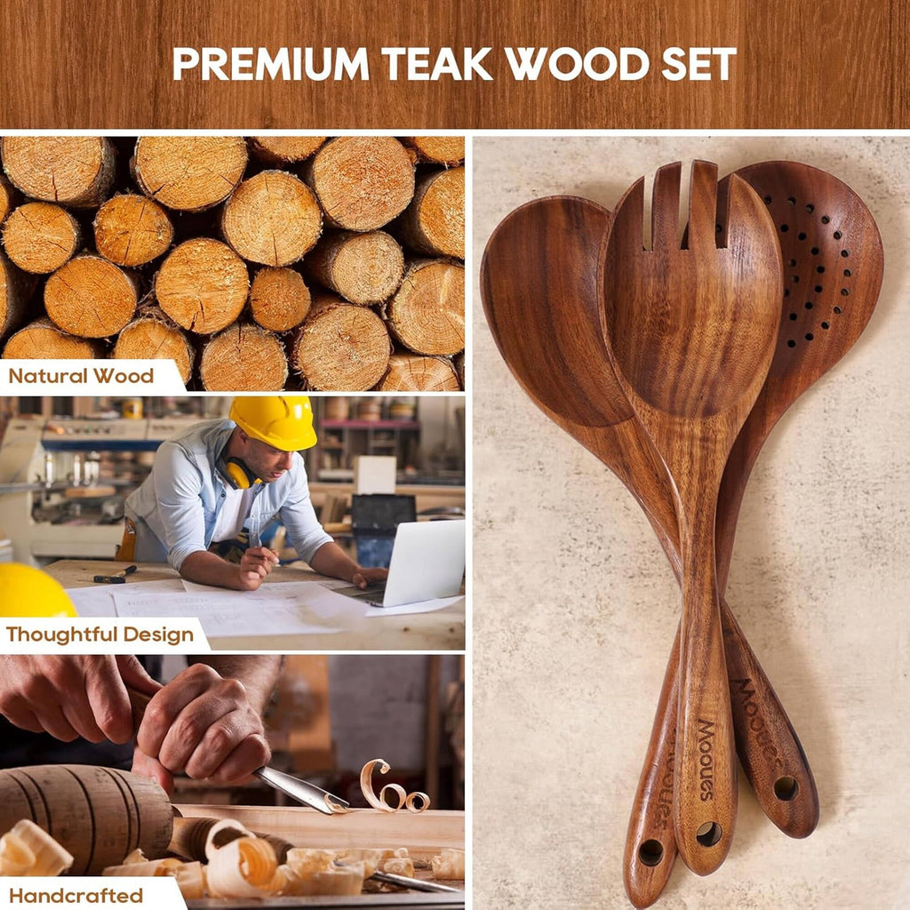 Heat-Resistant 6-Piece Natural Teak Wooden Spoons for Cooking With 10 Hooks，Handcrafted Kitchen Utensils Set ，Ideal Gift Set - Premium Stainless Steel Cooking Utensil for Non-Stick Pots Detail
