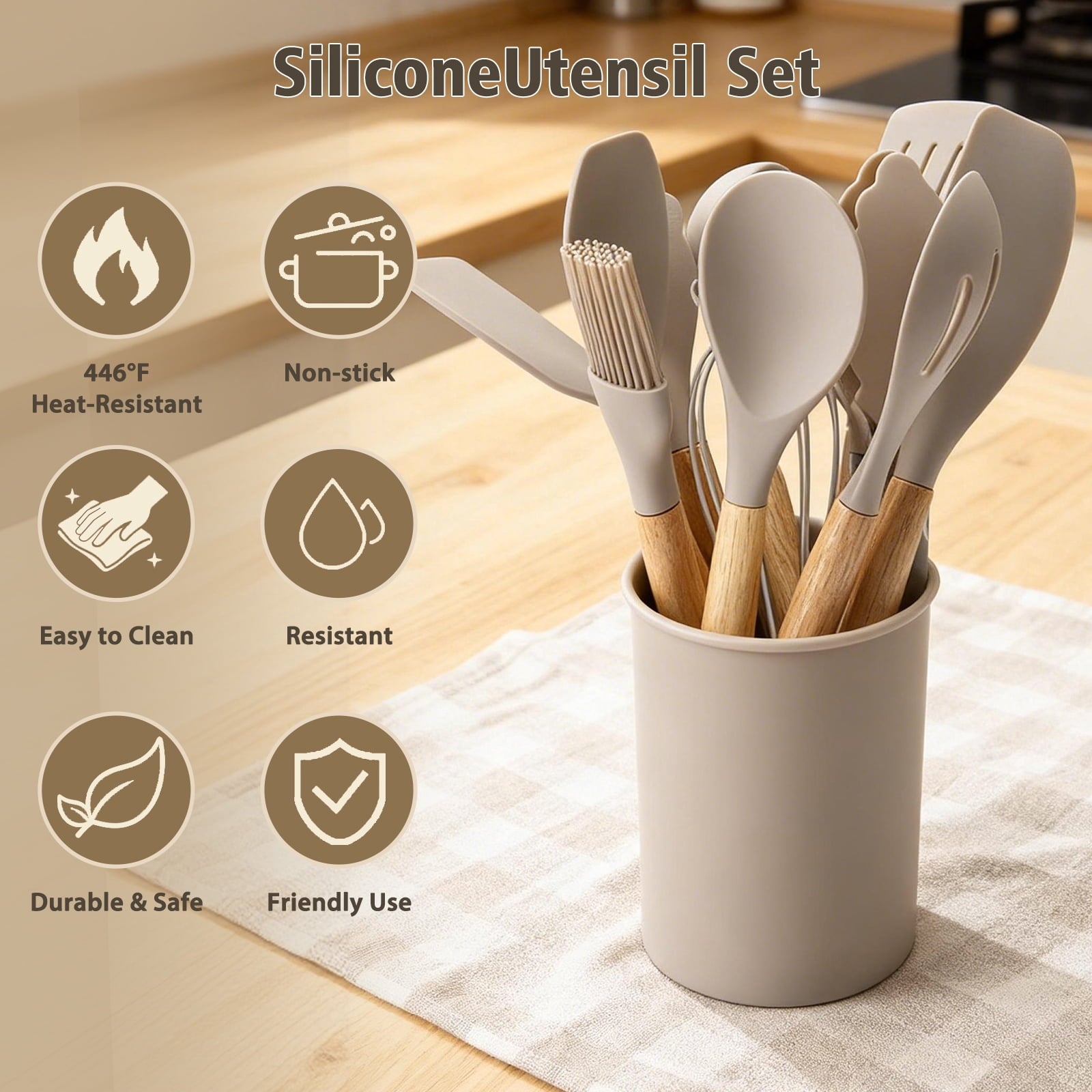 Heat-Resistant Silicone Cooking Utensils Set, Heat Resistant Kitchen Tools, 36 PCS Non-Stick Silicone Cooking Kitchen Utensils, Khaki - Heat-Resistant Silicone Cooking Spatula Turner Detail