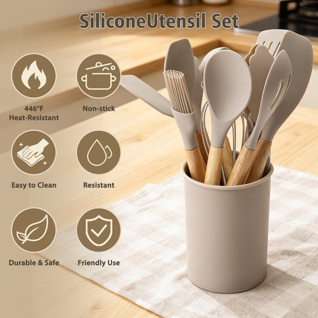 Heavy Duty Silicone Cooking Utensils Set, Heat Resistant Kitchen Tools, 36 PCS Non-Stick Silicone Cooking Kitchen Utensils, Khaki - Multi-Purpose Hand Tool for Daily Meal Prep Detail