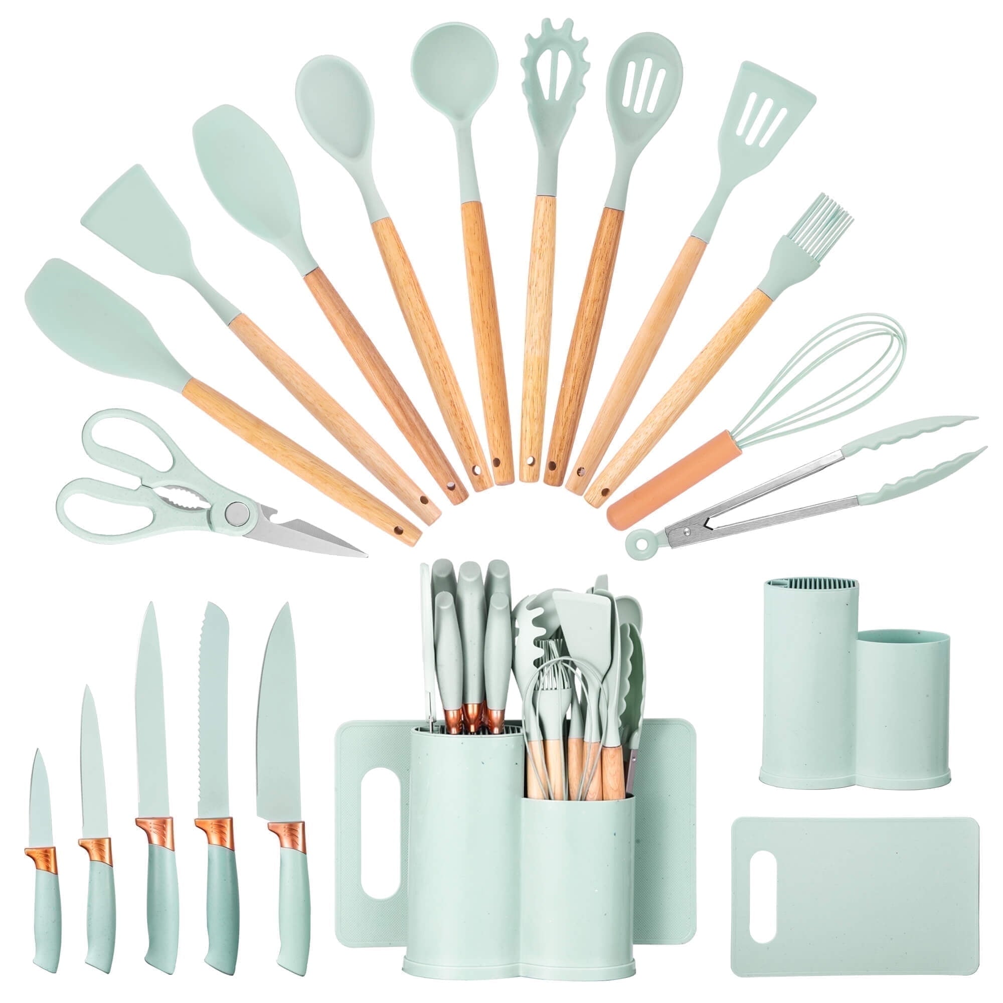 Durable Steel 19pcs Silicone Kitchen Utensil Set, Heat-Resistant Non-Stick Easy Cooking Cleaning Home Light-Green - High-Precision Culinary Tool for Baking & Cooking - Default Title