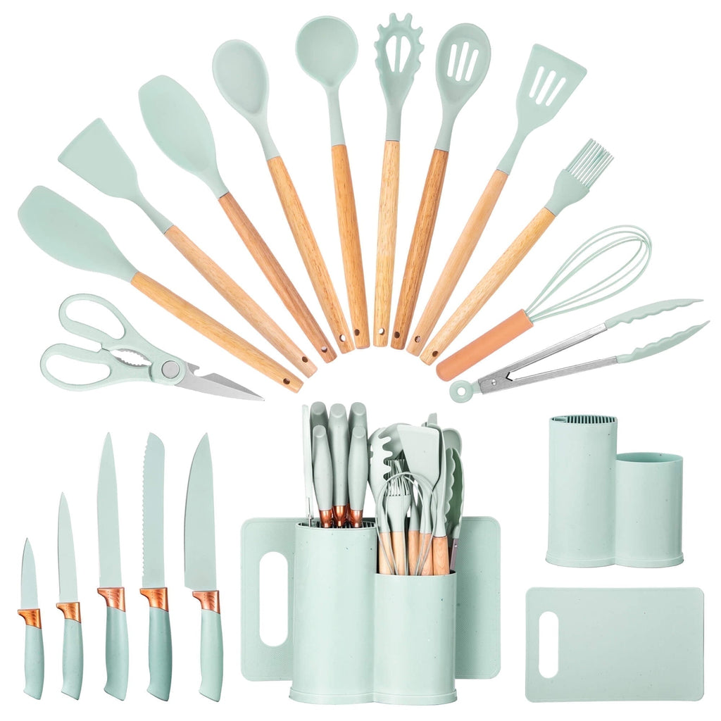 Ergonomic Cooking 19pcs Silicone Kitchen Utensil Set, Heat-Resistant Non-Stick Easy Cooking Cleaning Home Light-Green - Premium Stainless Steel Cooking Utensil for Non-Stick Pots - Default Title