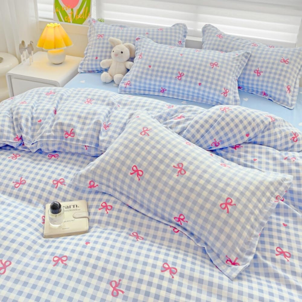 Heavyweight Warmth 3-Piece Blue Plaid Pink Bows Comforter Full Set , Cute Soft Bedding Set for Kids Adults - Cloud-Like Soft Lightweight Bed Comforter Detail