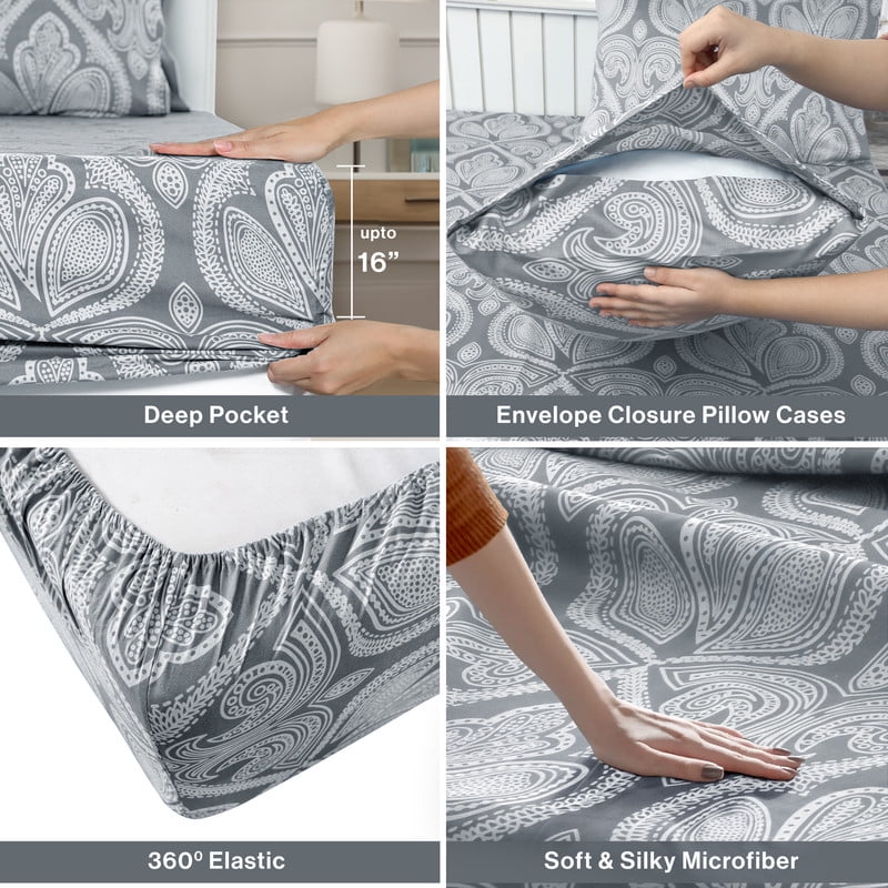 Ultra-Soft Lux Decor 4 Piece Queen Sheet Set, Brushed Microfiber Paisley Printed Bed Sheet Set with up to 16" Deep Pocket Fitted... - Luxury Bed Sheet Set with Deep Pockets Detail