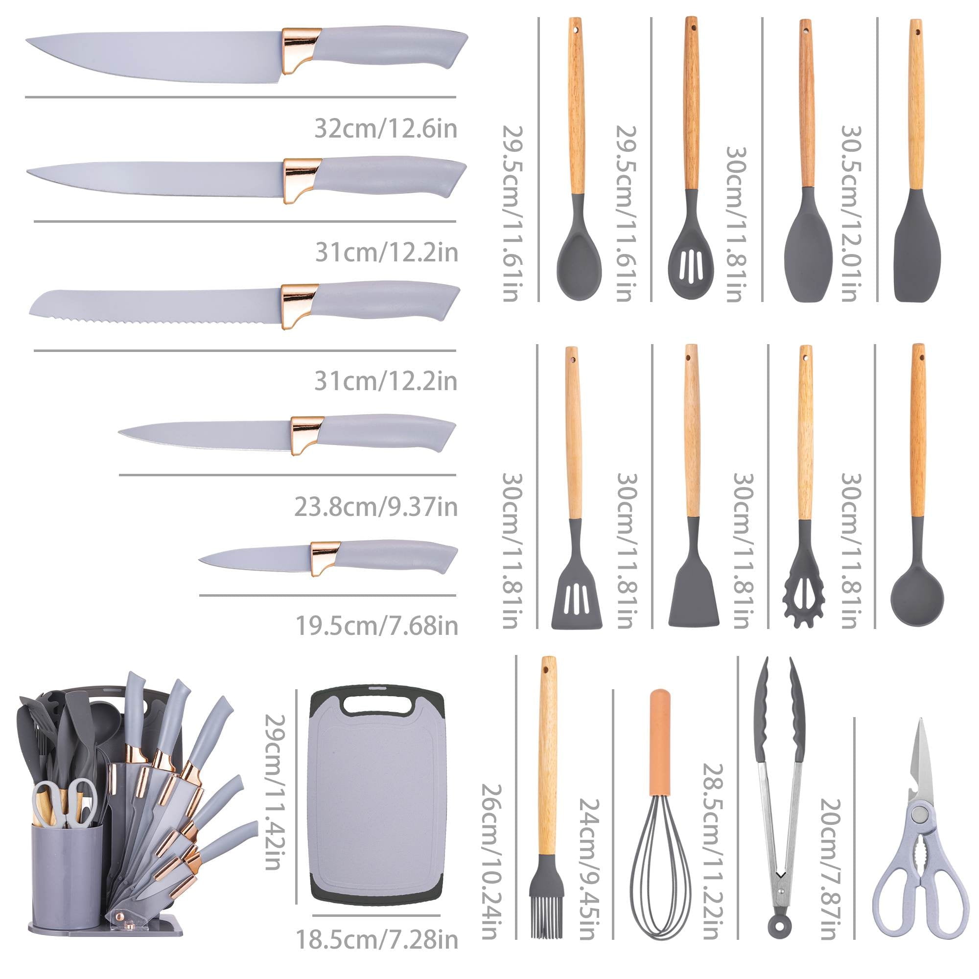 Ergonomic Cooking 19-Piece Silicone Kitchen Utensil & Knife Set - Heat-Resistant Cooking Tools Non-Stick Safe Gift for Mom or Wo... - Ergonomic Kitchen Tongs and Cooking Spoon Utensil Detail