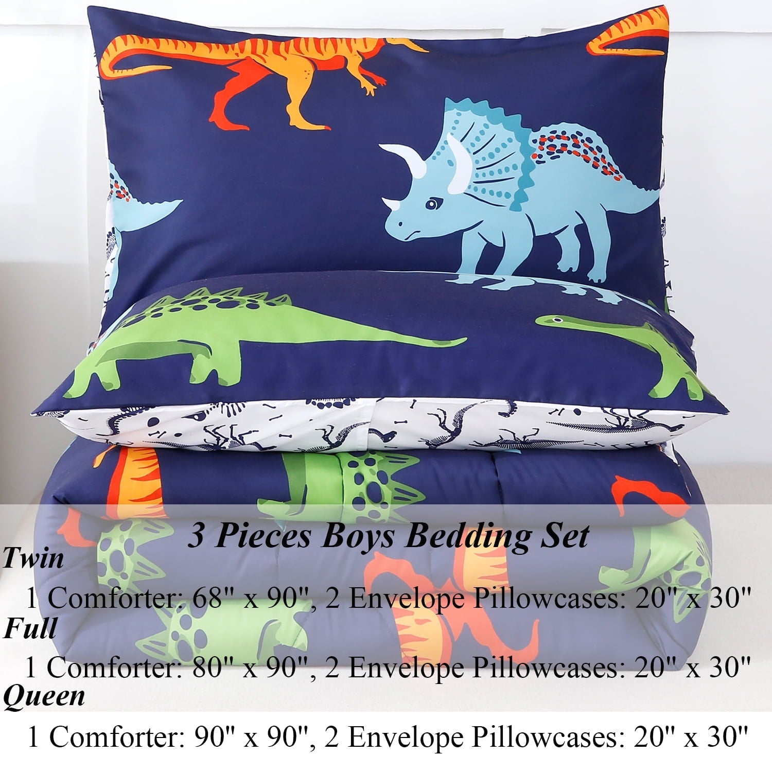 Fluffy Down Alternative 3 Pcs Dinosaur Twin Size Bedding Sets for Boys, Dinosaur Printing Boys Comforter Set, Blue and White Reversible Bed C... - Luxurious Quilted Duvet Cover Set Detail