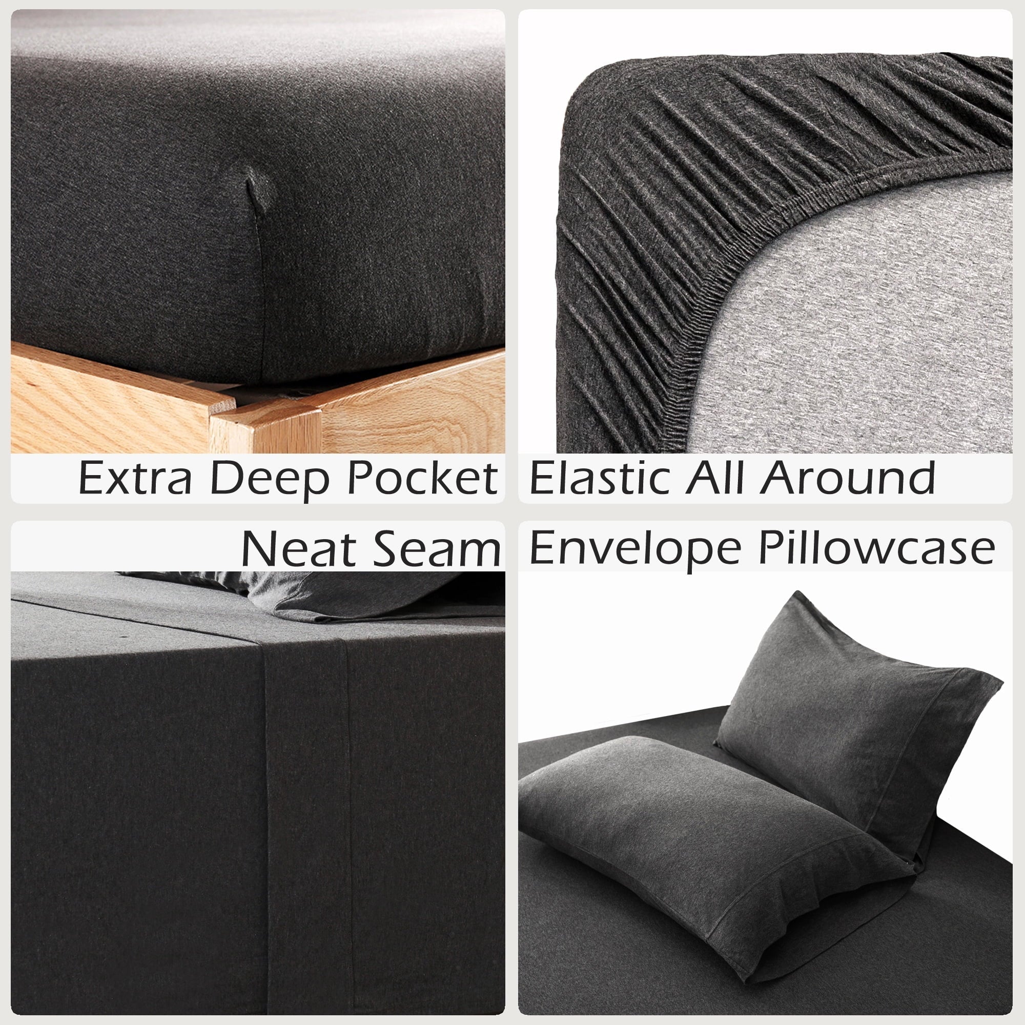 Ultra-Soft 100% Cotton Jersey Knit 4pc Bed Sheet Set Extra Deep Pocket up to 20" Charcoal Gray Queen - Cooling Hotel Quality Bedding Sheets and Pillowcases Detail