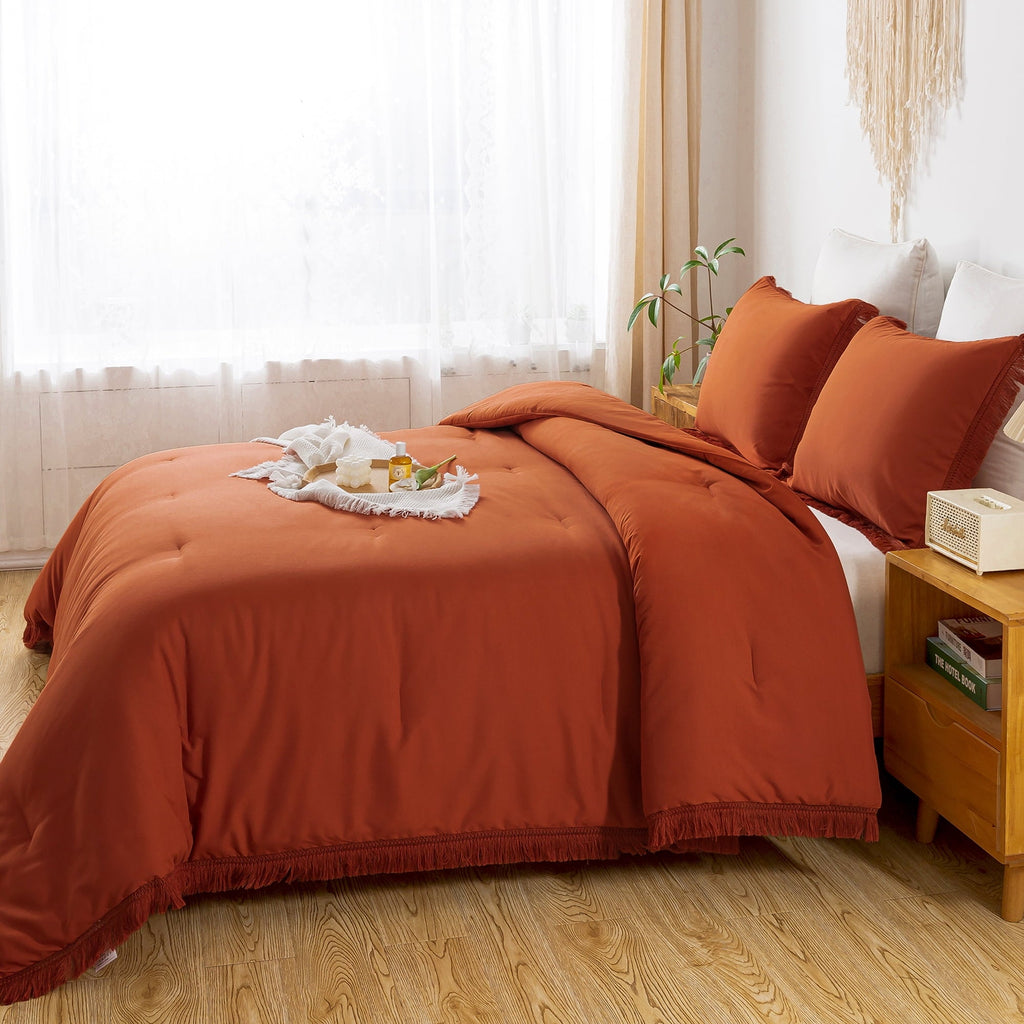 Heavyweight Warmth King Size Comforter Sets Burnt Orange, 3 Pieces Soft Fluffy Boho Bedding Comforter Sets for King Bed, All Season Terr... - Luxurious Quilted Duvet Cover Set Detail