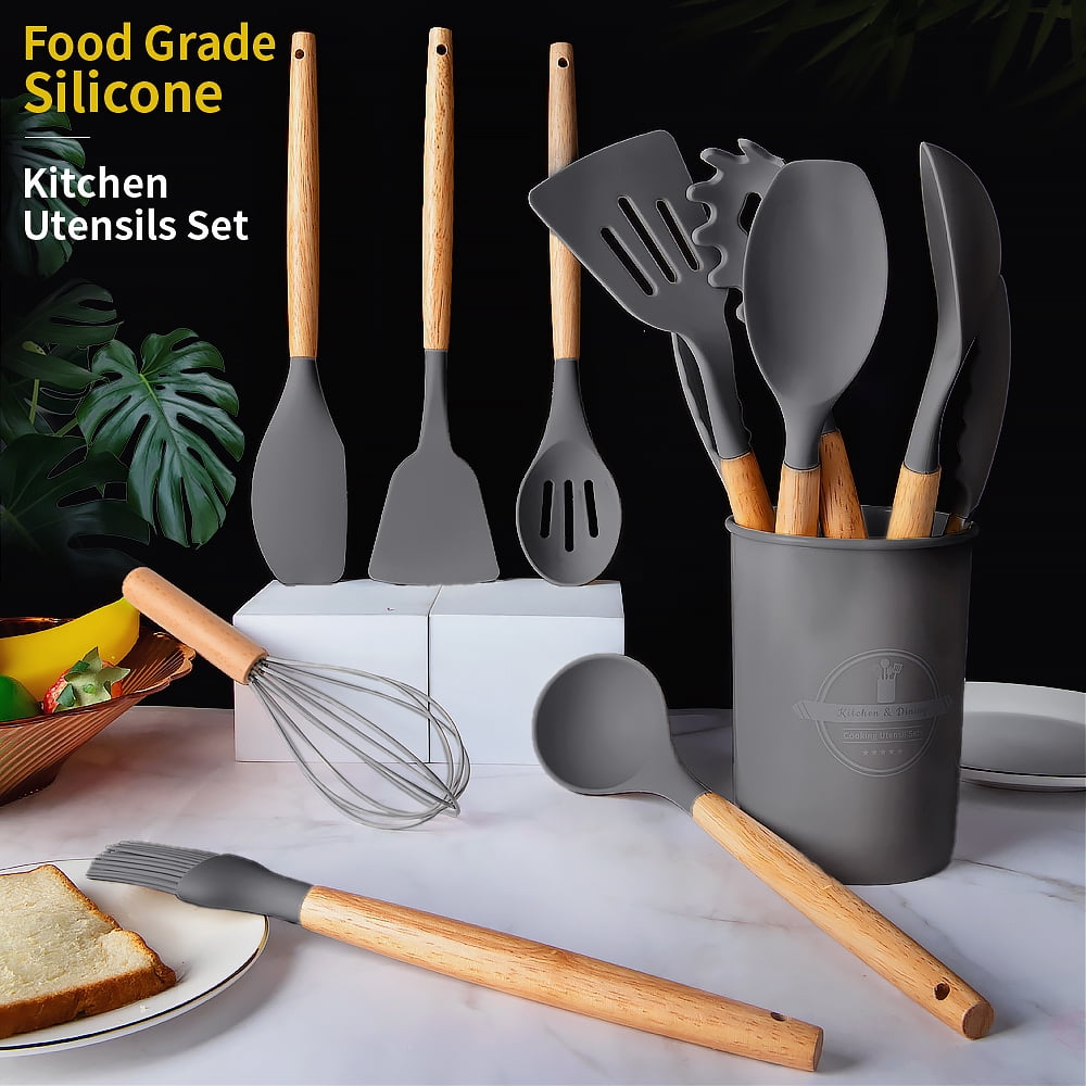 Non-Stick Safe Silicone Wooden Heat Resistant Kitchen Utensil Set, 12 pcs - Ergonomic Kitchen Tongs and Cooking Spoon Utensil Detail